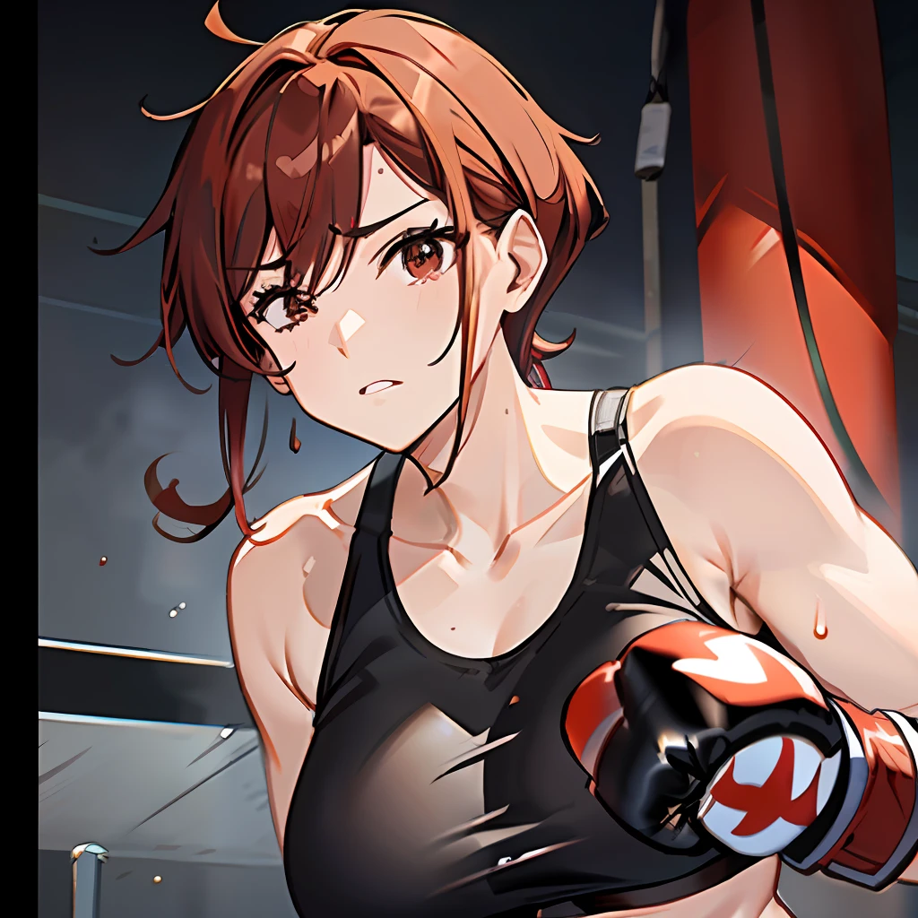 Mature boxer. Her hair color is reddish brown. (shortcut)). ((Wearing red boxing gloves)). ((wearing a black sports bra)). Muscle. Well-shaped boxing gloves. Splattering sweat. One eye is closed. Close-up image. Close one eye. from behind,portrait,slouched state. The background is solid gray