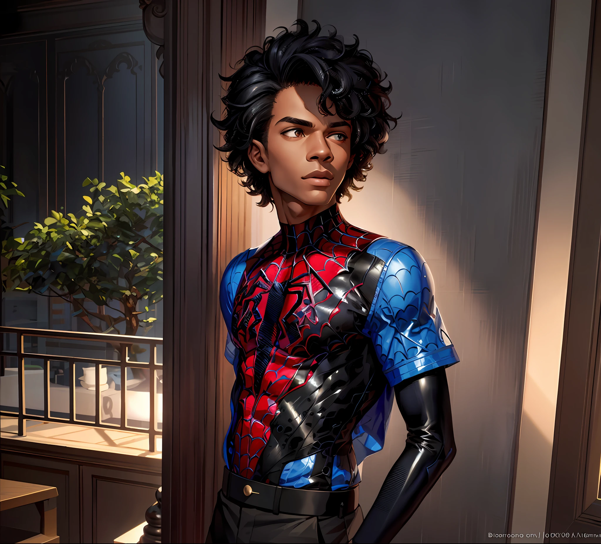 best quality,game cg,1 boy, black boy, masterpiece, best quality, 8k, detailed skin texture,fit body, muscles, detailed cloth texture, handsome detailed face, long sleeves, intricate details, ultra detailed, audrey hepburn, Spider-Man uniform, curly black hair, brown skin, light brown eyes, new york, blue sky,