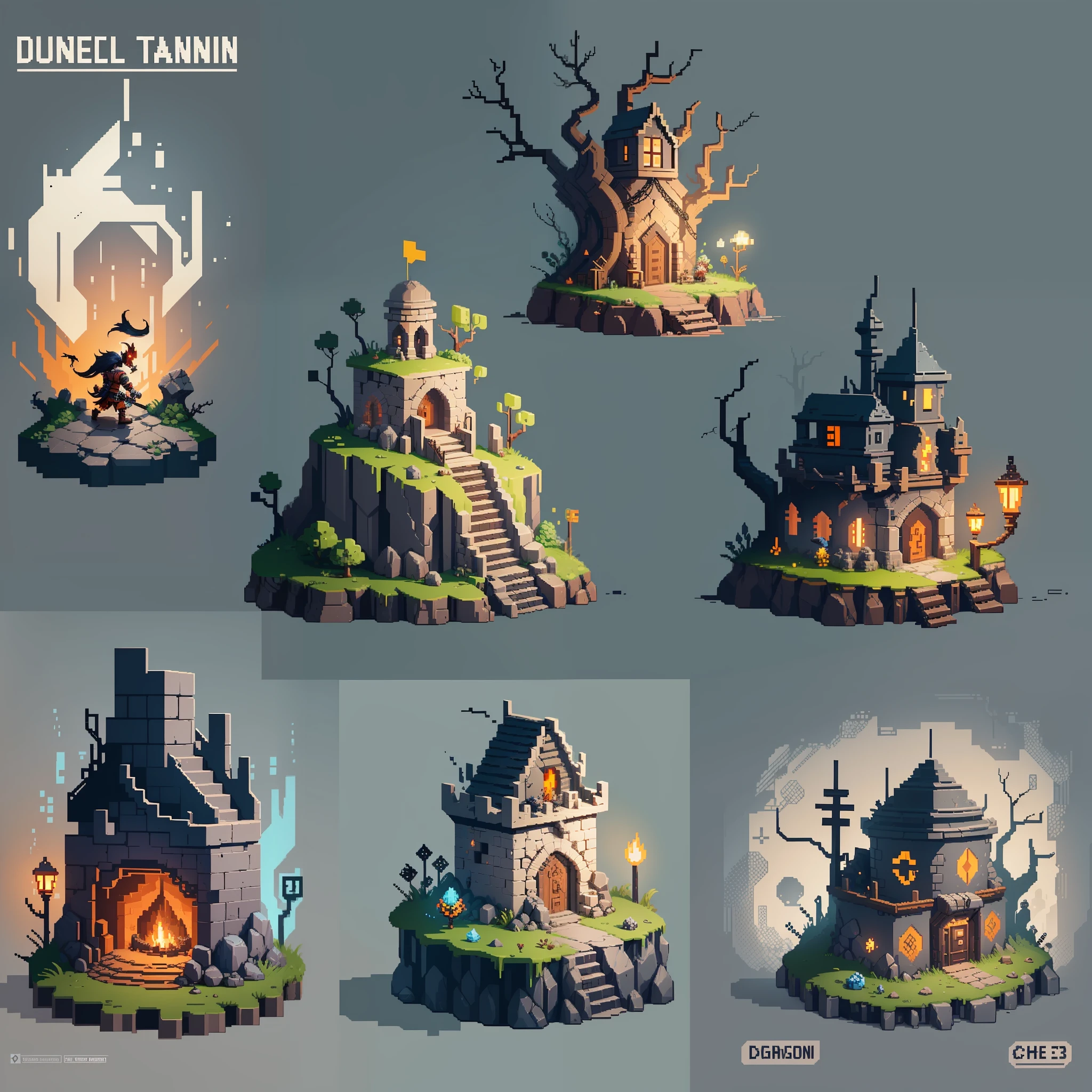 Dungeon Crawler Game Pixel Art Underground Cavern, Darkest Dungeon & Final Fantasy Theme, White Background, Side View, Right View, Front View, Pixel Graphics, HQ --Q 2 --auto --s 2 --s2