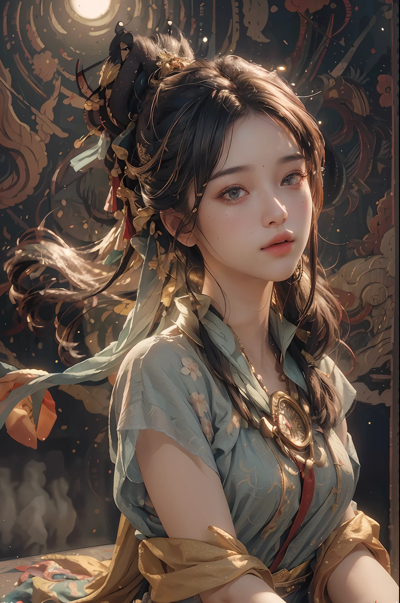 (RAW photo, best quality), (realistic, photo-realistic:1.3),best quality,highly detailed,masterpiece,ultra-detailed,illustration,1girl,upper_body,dynamic angle,world masterpiece theater,messy_long_hair,best quality,extremely detailed CG unity 8k wallpaper,ink,Amazing,cinematic lighting,lens_flare, dunhuang_style