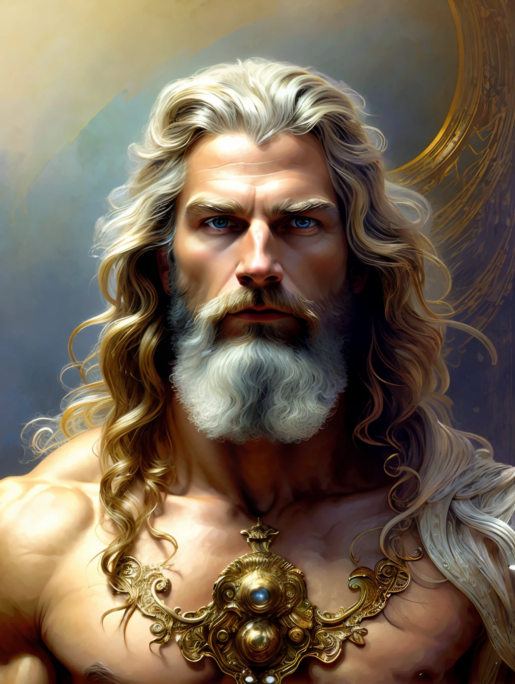 painted portrait of stout zeus, god of thunder, greek god, blond hair, male, mature, handsome, upper body, muscular, hairy torso, fantasy, intricate, elegant, highly detailed, digital painting, art station, concept art, soft, sharp focus, illustration, art by Gaston Bussiere and Alphonse Mucha