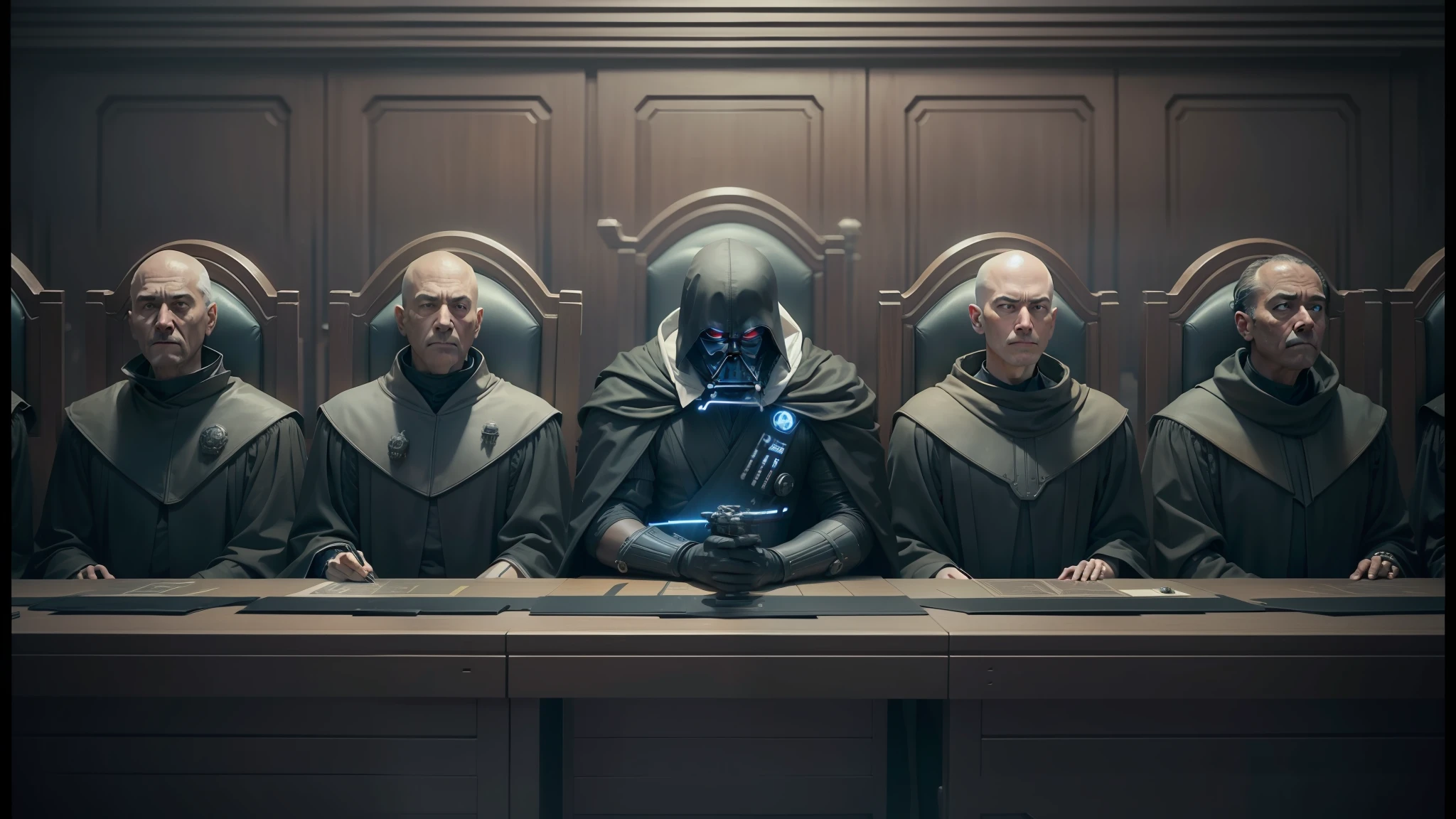 arafed image of a group of people sitting at a table, love death and robots, seated in court, love death + robots, symmetrical portrait scifi, darth vader sitting at the table, wayne barlowe and james gilleard, witness stand, court session images, film still from movie dune-2021, dressed as a judge's robes --auto --s2