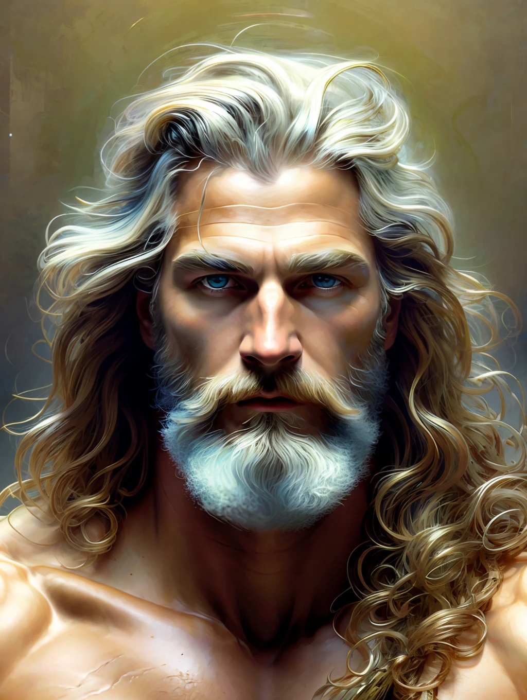 painted portrait of stout zeus, god of thunder, greek god, blond hair, male, mature, handsome, upper body, muscular, hairy torso, fantasy, intricate, elegant, highly detailed, digital painting, art station, concept art, soft, sharp focus, illustration, art by Gaston Bussiere and Alphonse Mucha