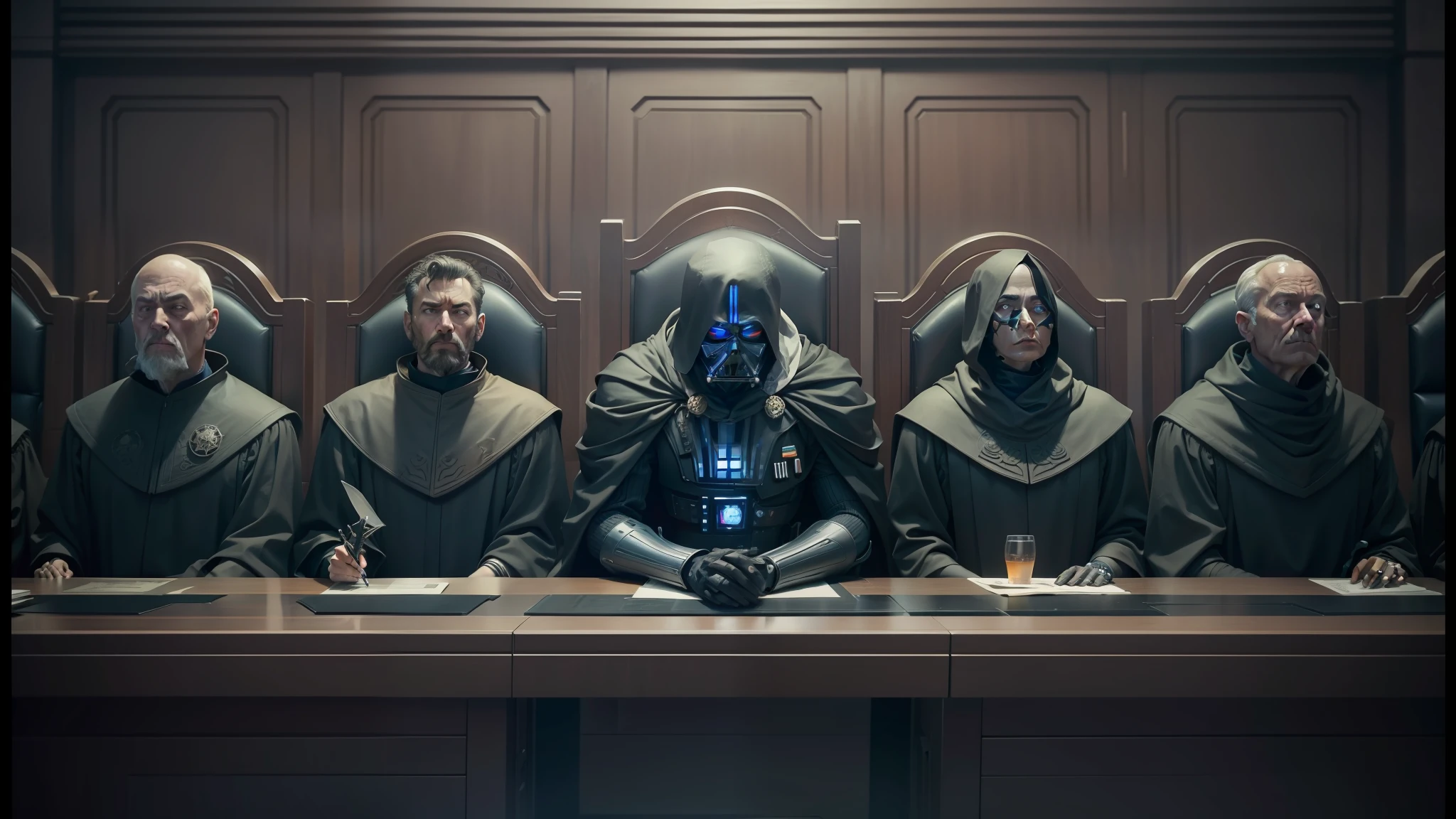 arafed image of a group of people sitting at a table, love death and robots, seated in court, love death + robots, symmetrical portrait scifi, darth vader sitting at the table, wayne barlowe and james gilleard, witness stand, court session images, film still from movie dune-2021, dressed as a judge's robes --auto --s2