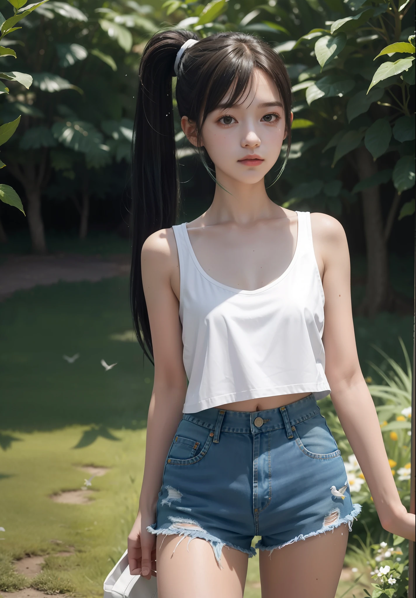 Best Quality, Masterpiece, Ultra High Resolution, (Realisticity: 1.4), Original Photo, 16 Years Old Girl, Tifa, Film Lighting, Outdoor, Green Space, Birds Singing, Conservative Dress, Denim Shorts, Loose White Shirt with Pattern, Lower Abdomen, Fashion Girl, Pick Dyeed Gradient Hair, Bangs, High Ponytail