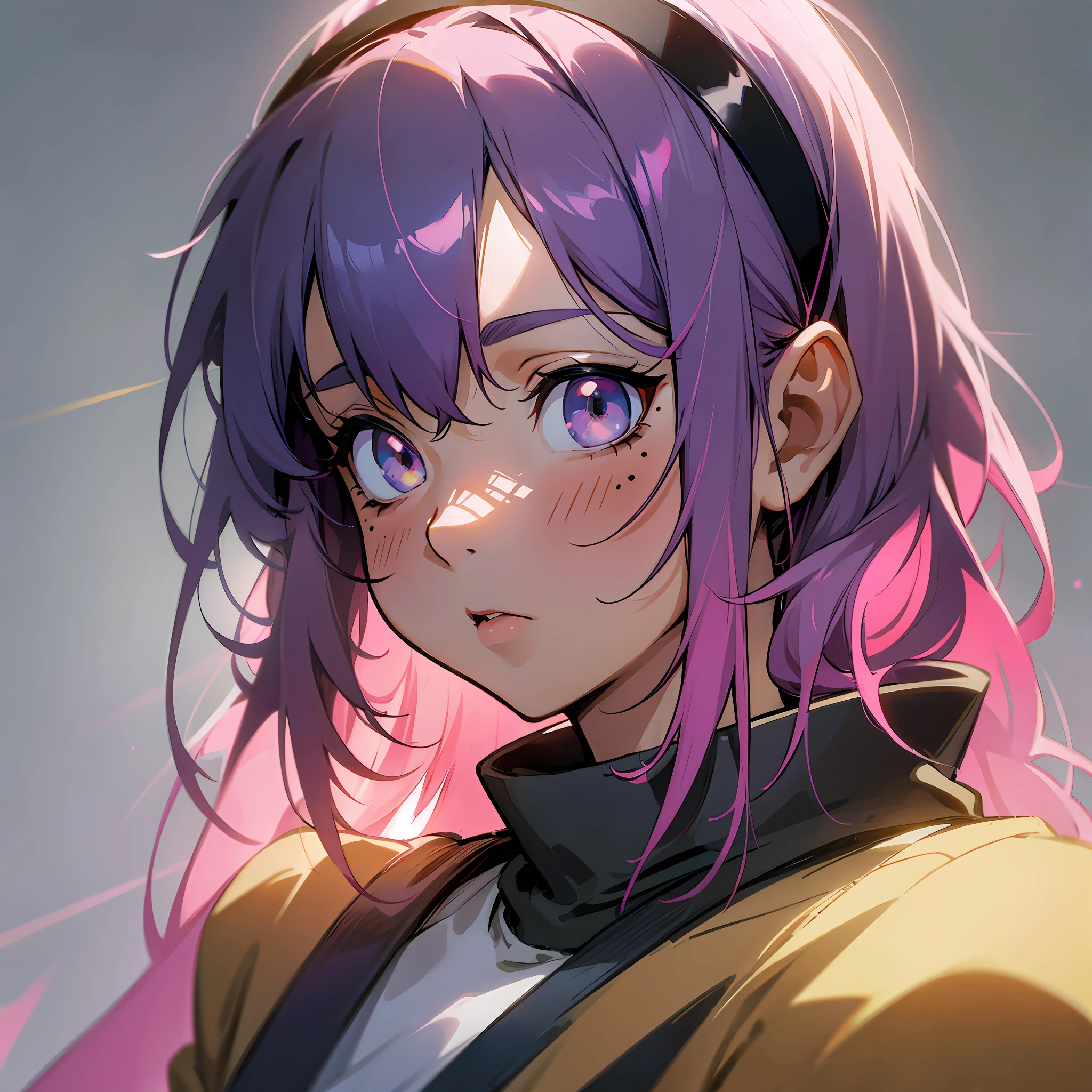 Expressive hair, pink hair, moles under the mouth, black headband, mismatched pupils, high detail, anime, UHD, masterpiece, 8k --auto --s2