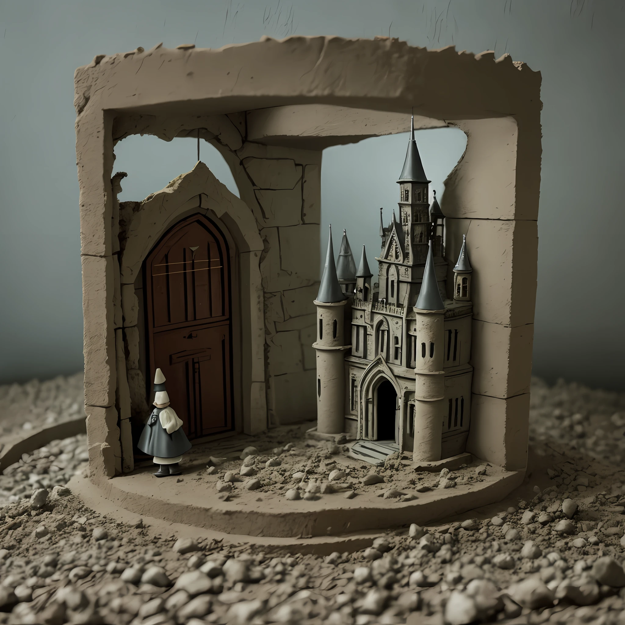 dark dolls, horrifying, horror, STOP-MOTION ANIMATION style. Style of director Roy Andersson. Miniature. Clay, in a dark, dark, neon castle. --auto --s2