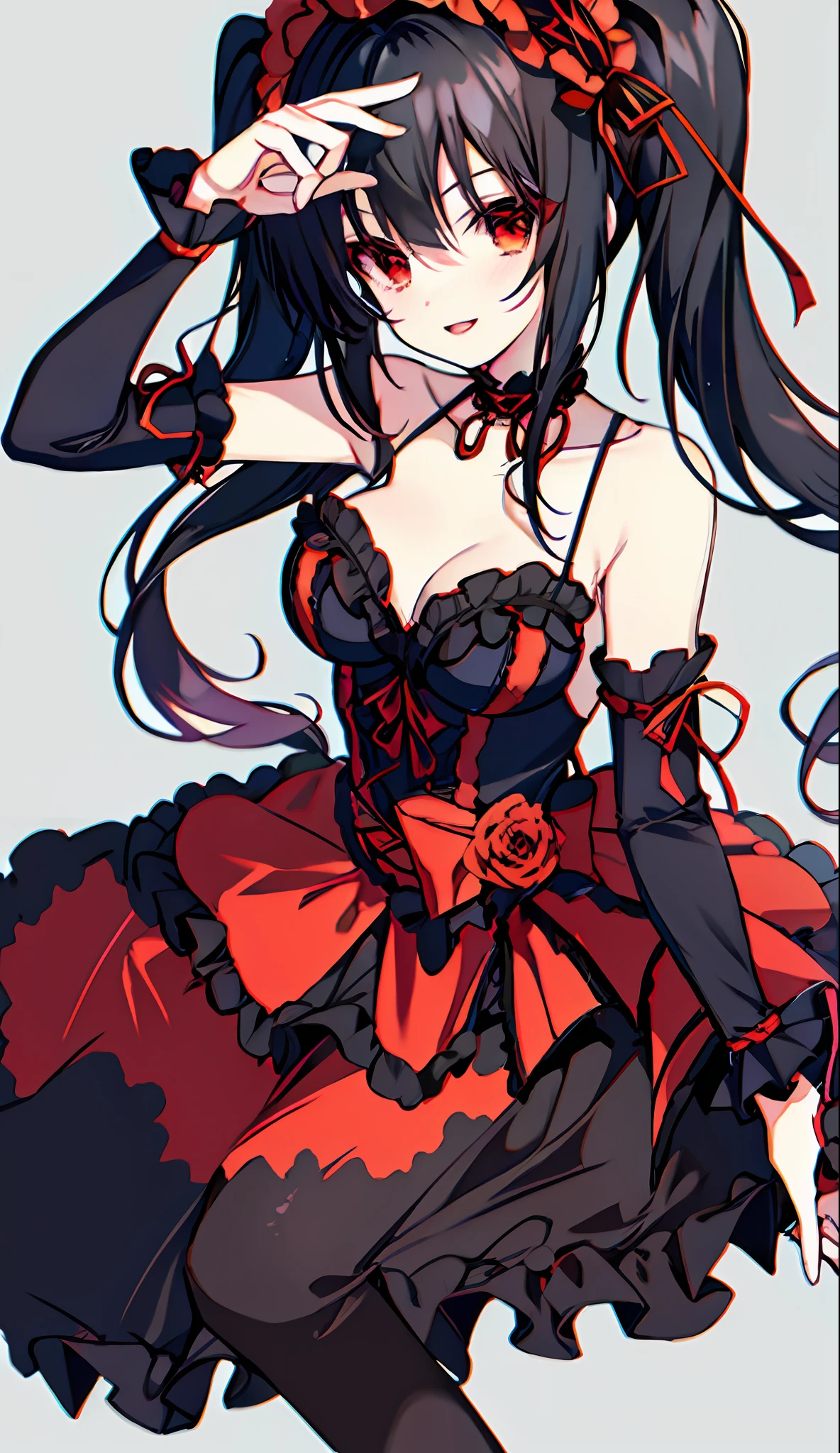 18 Year Old Beautiful Girl, Masterpiece, Top Quality, 8K Anime, 1 Girl, Solo, Detailed Fingers, Precise Fingers, Non-Unnatural Hands, Odd Eye, Red Eyes, Cleavage, Black Hair Twin Tails, Kurumi Tokizaki