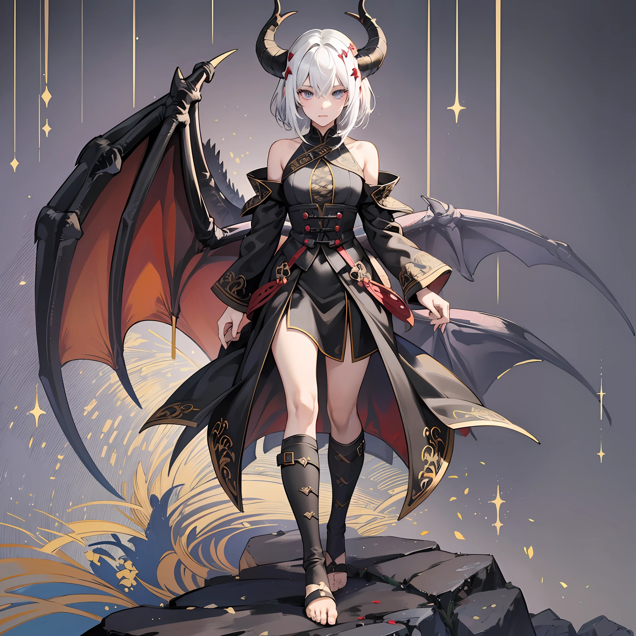 2D, masterpiece, best quality, anime, highly detailed face, highly detailed eyes, highly detailed background, perfect lighting, full body, 1girl, solo, black dragon girl, highly detailed white hair, short hair, highly detailed black locks in hair, highly detailed neck scales, highly detailed shoulder scales, highly detailed black dragon tail, highly detailed claws, sharp teeth,  standing, barefoot, highly detailed dragon horns, tomboy girl, ((best quality)), ((highly detailed)) --auto --s2