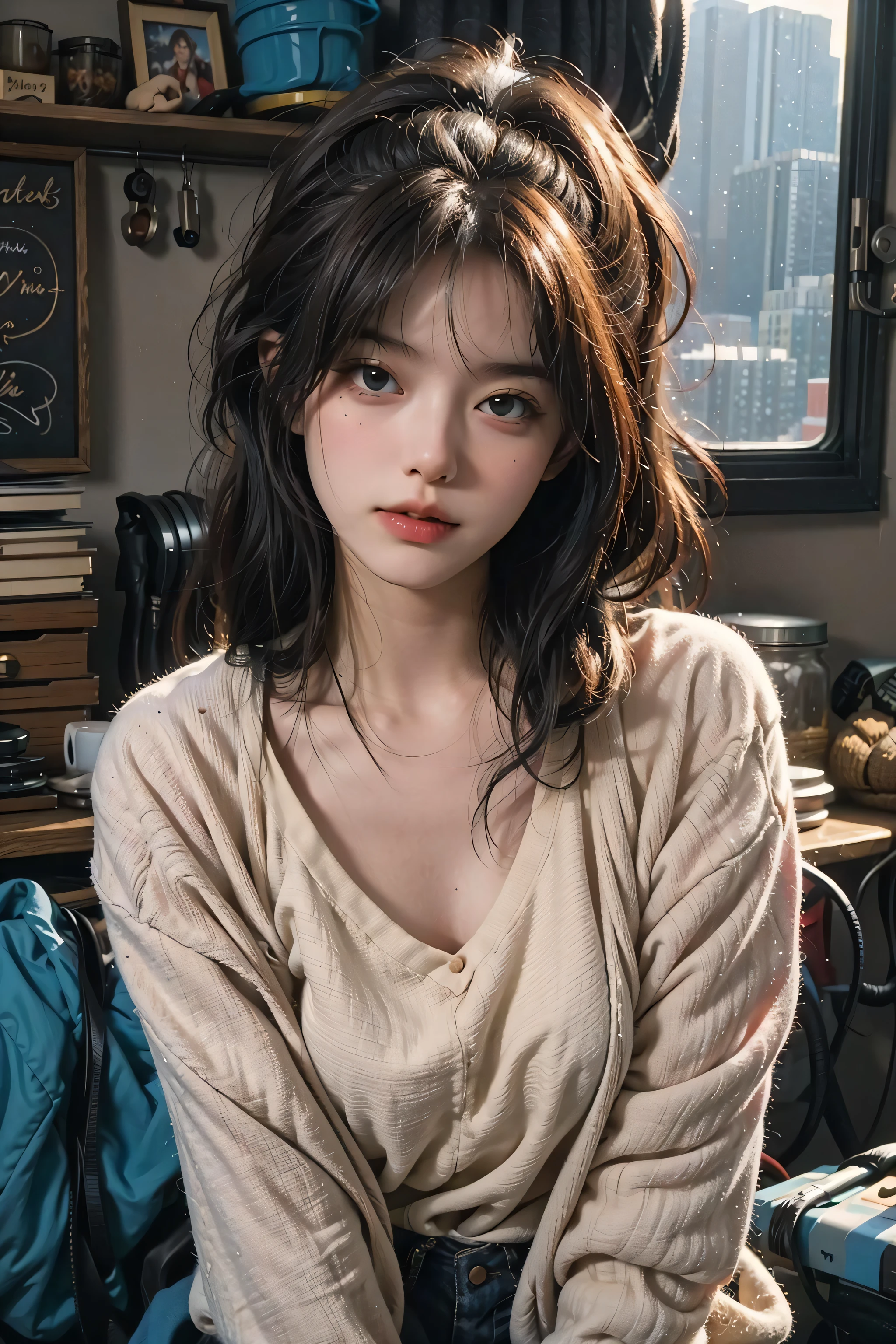 (RAW photo, 4k, masterpiece, high res,  extremely intricate) (photorealistic:1.4), cinematic lighting
1girl, solo focus, summer noon, hot, 1990s \(style\),cowboy shot,indoors