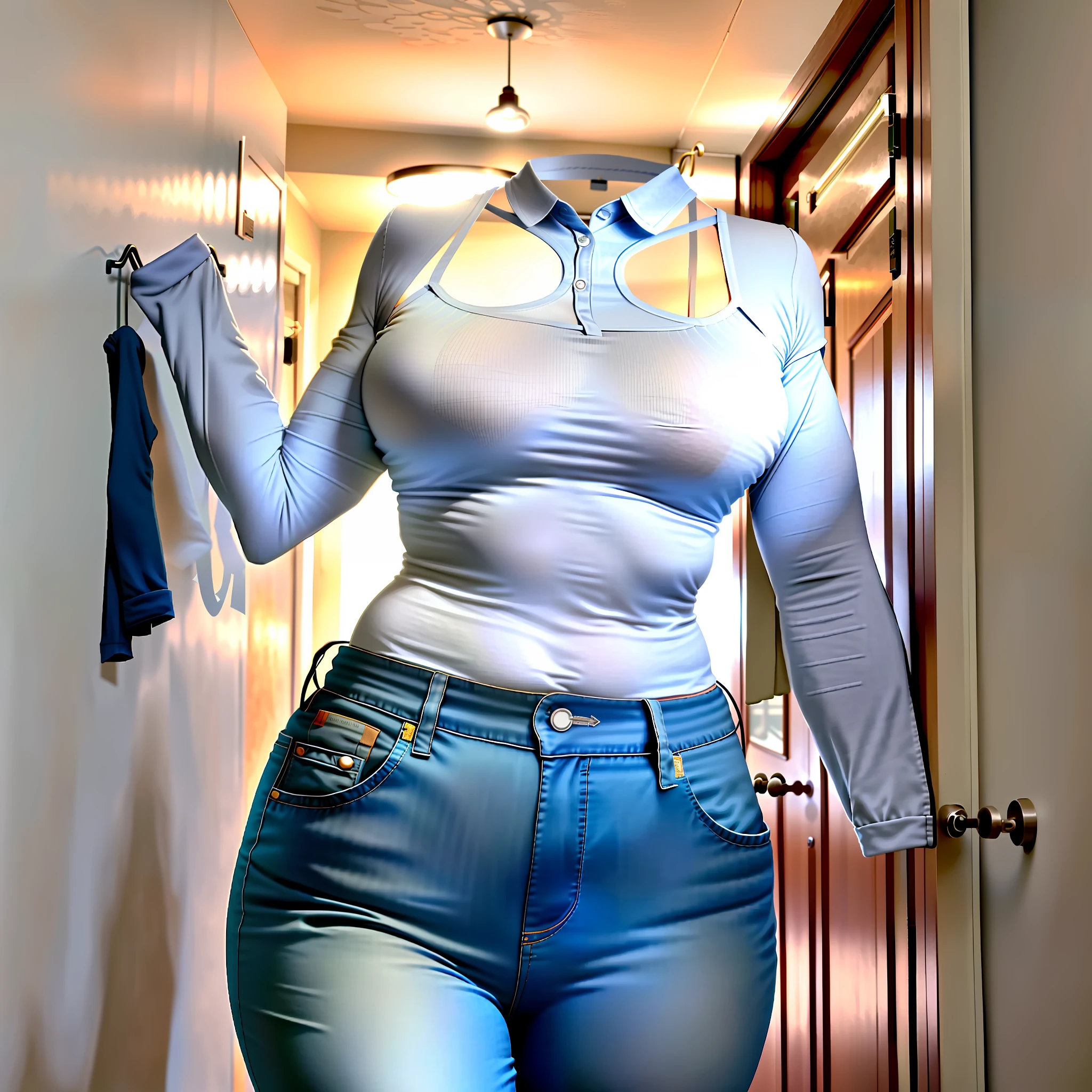 Invisible girls, world without humans, headless, girl's pants, (realistic: 0), headless, empty, handless, headless, invisible girls, girl's pants with cleavages, empty clothes, invisible body, invisible head, empty clothes, invisible girl, hanger girl's pants with cleavages, invisible body, invisible head, girl's pants has big breasts and cleavages, hanger girl's pants in a closet swells as if worn by invisible busty girls, girl's busty girl's pants begin to fold their sleeves and to raise their sleeves on its own as if worn by invisible girls, hanger girl's pants has big breasts and cleavages, high angle, raise girl's pants sleeves on its own, cleavages