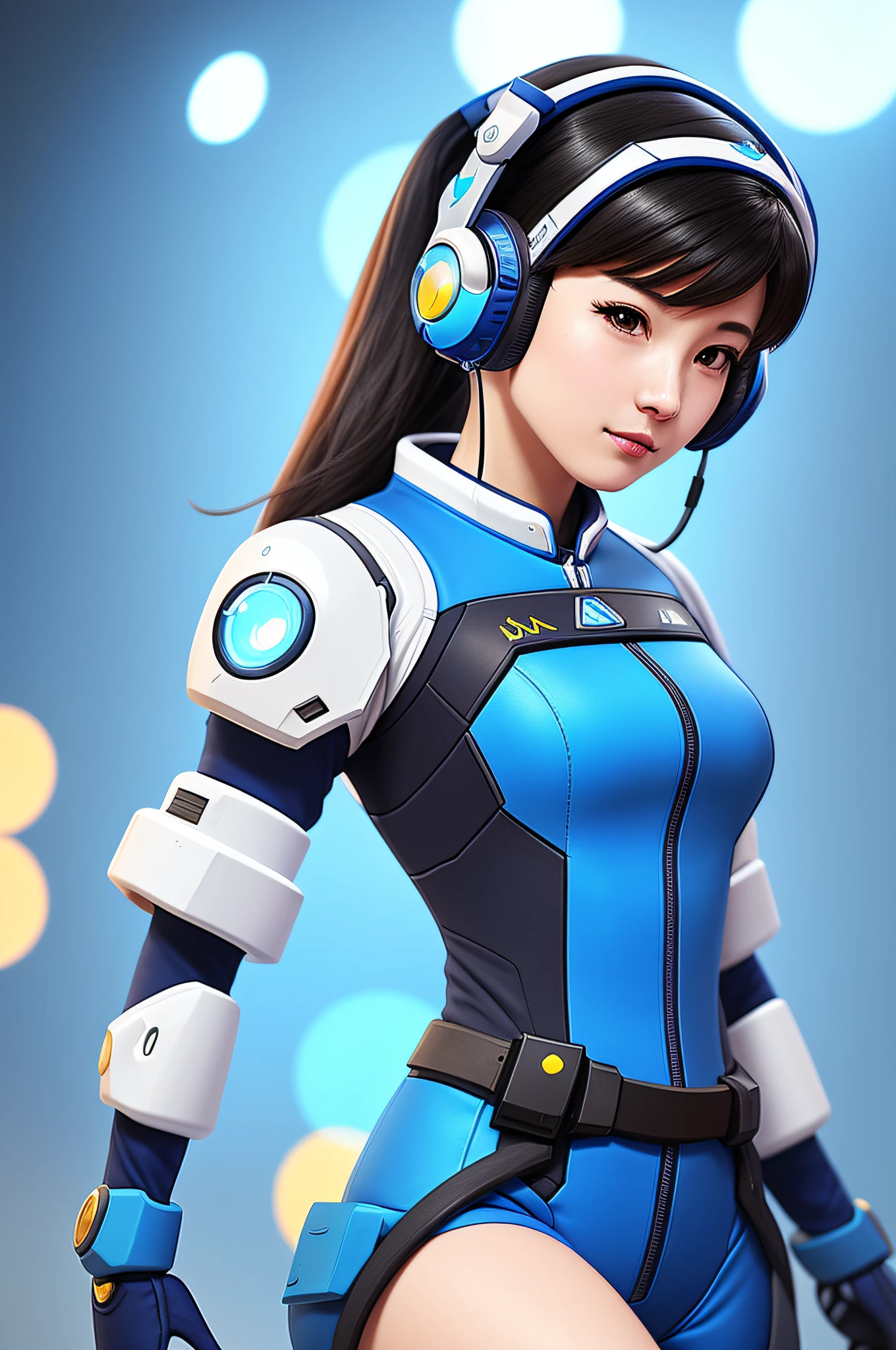 arafed woman in a blue and white uniform with headphones, d. va from overwatch, echo from overwatch, as overwatch character, overwatch inspired, from overwatch, as an overwatch character, overwatch style, overwatch fanart, inspired by Leng Mei, portrait anime space cadet girl, overwatch character, portrait of mei from overwatch, photorealistic anime girl render