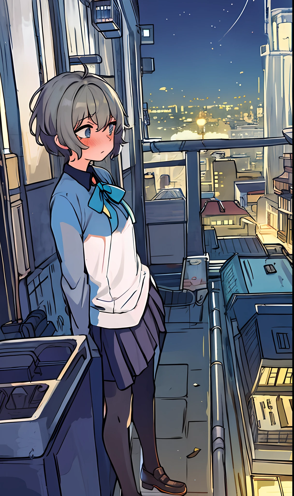 soft lighting, city background, night lights of a city, (embarrassed) girl in a (school uniform+short hair), standing