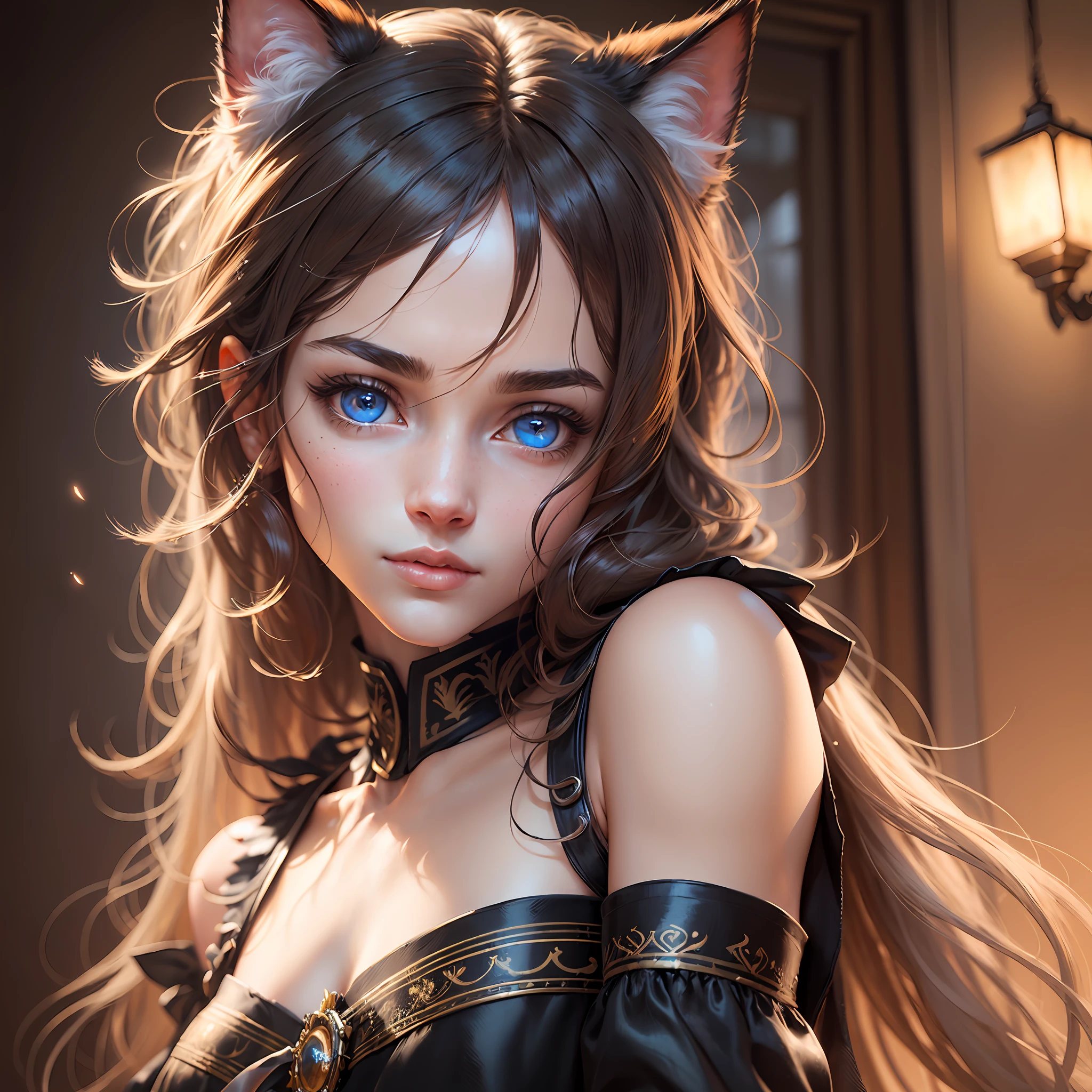 (Photorealistic:1.4), (Masterpiece, Sidelight, Exquisite Beautiful Eyes: 1.2), Masterpiece*Portrait, Realistic, 3D Face, Glowing Eyes, Glossy Hair, Glossy Skin, Solo, Embarrassing, (Abdomen),Cat Ears,Light,Glowing --auto --s2