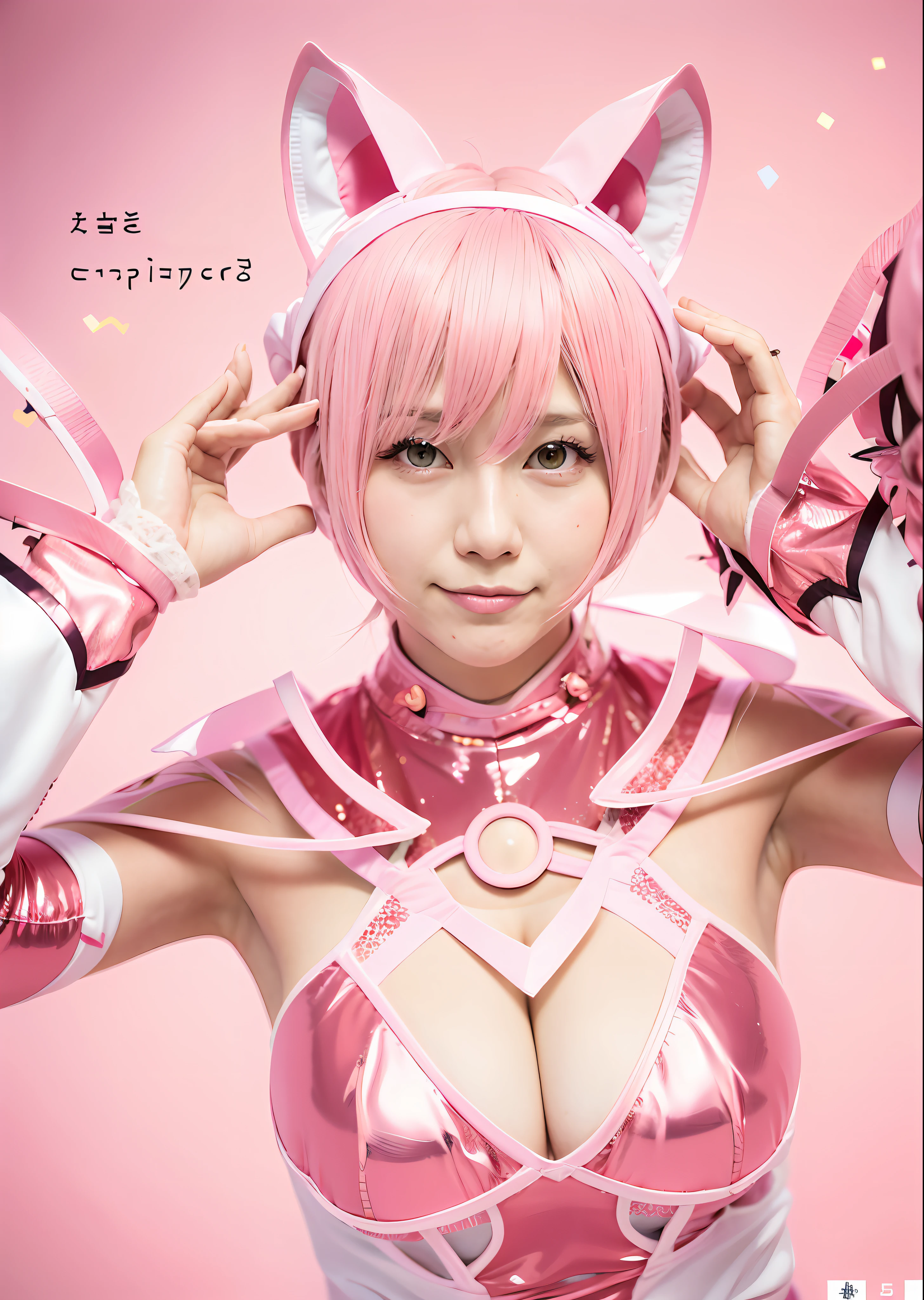 there is a woman in a pink and white outfit posing for a picture, ayaka cosplay, cosplay, full-cosplay, cosplayer, anime cosplay, anime girl cosplay, cosplay photo, juri misaki, oppai, publicity cosplay, professional cosplay, けもの, anime cover, cosplayer dressed like a crab