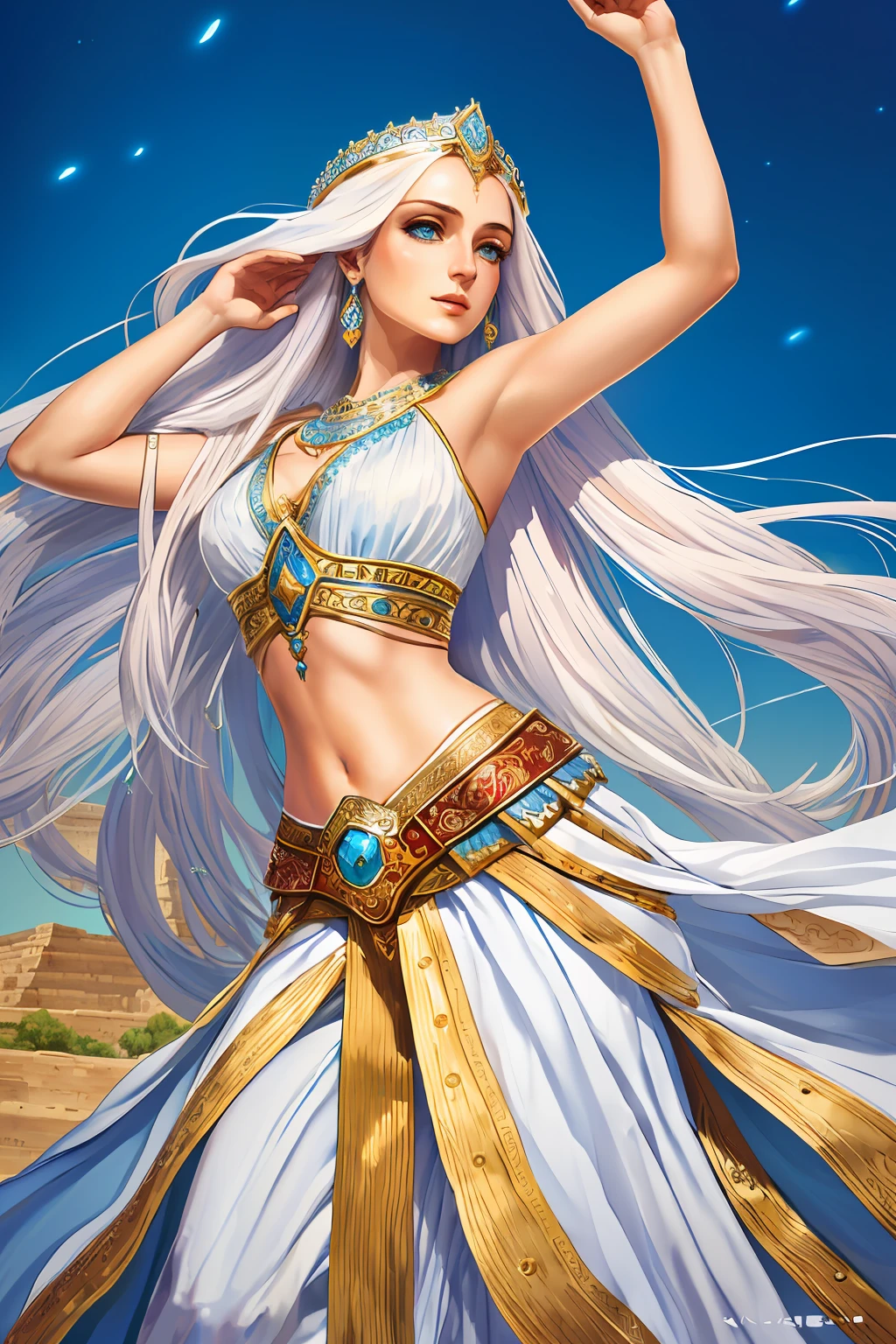 (masterpiece), (best quailty), (best illustration), torino aqua, 1girl, long white hair, blue eyes, white mesopotamia clothes, bare shoulders, divine, (from below, low angle), arms up, tall figure, cowboy shot, (detailed fantasy art),