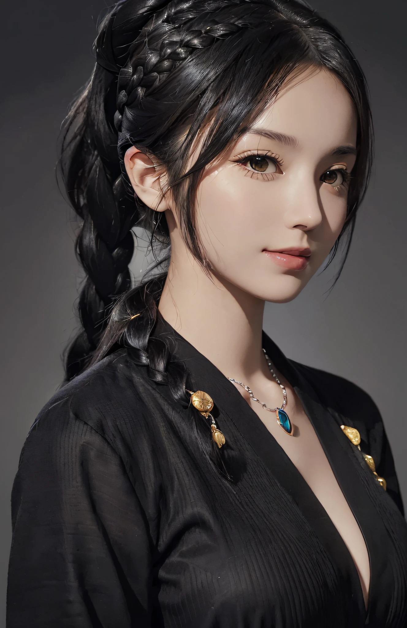 (Ultra Realistic), (Illustration), (High Resolution), (8K), (Very Detailed), (Best Illustration), (Beautiful and Detailed Eyes), (Best Quality), (Ultra Detailed), (Masterpiece), (Wallpaper), (Detailed Face), Solo, One Girl, Viewer, Fine Detail, Detailed Face, In the Dark, Deep Shadows, Low Key, pureerosfaceace_v1, Smile, Long Hair, Black Shawl, 46-point diagonal bangs, super detailed photo, (((black hair ponytail, hair in braid)), hair ornaments, necklaces, jewelry, huge, ((masterpiece, best quality, high quality, high definition)), wearing thin and black lingerie, phenomenal beauty