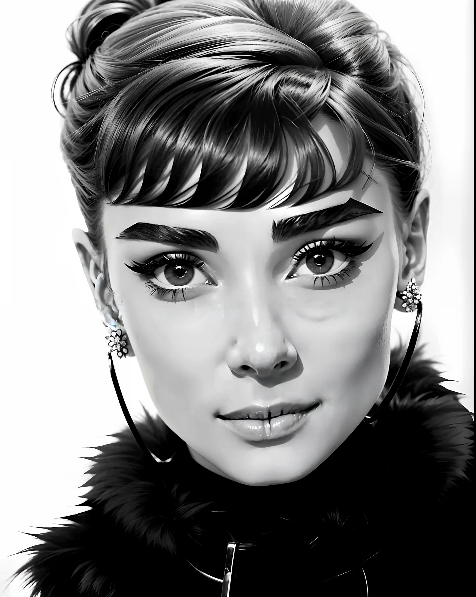 A black and white photo of a woman with a fur necklace, Audrey Hepburn, beautiful Audrey Hepburn, beautiful Audrey Hepburn, portrait of Audrey Hepburn, looks like Audrey Hepburn, young Audrey Hepburn, Korean Audrey Hepburn, Audrey Hepburn in a horror novel, with high cheekbones, beautiful thin - face, with very thin lips, good definition of cheekbones,  sexy, lingerie