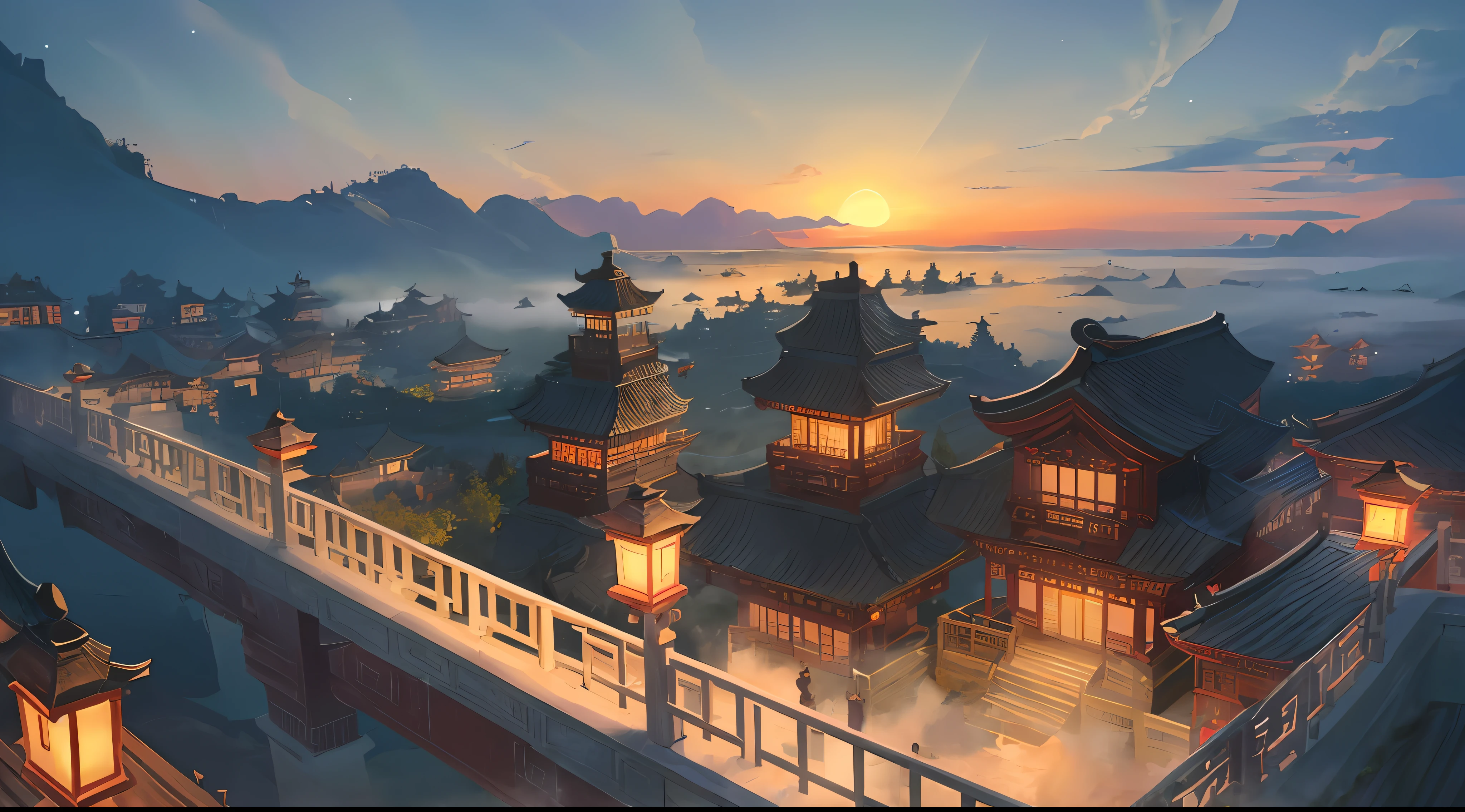 ( ( Top view, high angle view, Focal point composition) ) , Sunset Gradient, moonlit night, halo, beautiful light, beautiful play of shadow, light effects, Autumn, Ancient Chinese architecture, ( ( very spectacular sea of clouds, volume fog: 1. 5) ) , many raditional Chinese architecture on a floating island, there are many scattered buildings on the high mountain, ( huge Taoist incense burner, Sending out exquisite and beautiful magical effects) , waterfall cascading from the island, a vast sea of clouds, spectacular waterfalls, group of buildings, lanterns and sky lanterns floating in the air, high mountains, starry skies, soft color, refreshing, beautiful, Chinese landscape painting, cinematic lighting, fantasy, high detail, (close-up), (chiaroscuro),fine facial details,cinematic lighting, (depth of field), UHD, --v6