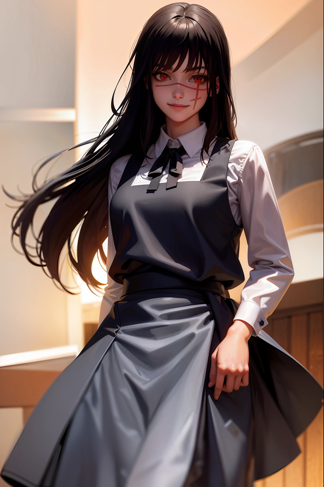 (masterpiece, best quality: 1.2), cowboy shooting, solo, 1 girl, yoru \(chainsaw man\), evil smile, facing the viewer, red eyes, ringed eyes, white background, school uniform, apron dress, shirt, neck ribbon,hand on waist,seeing