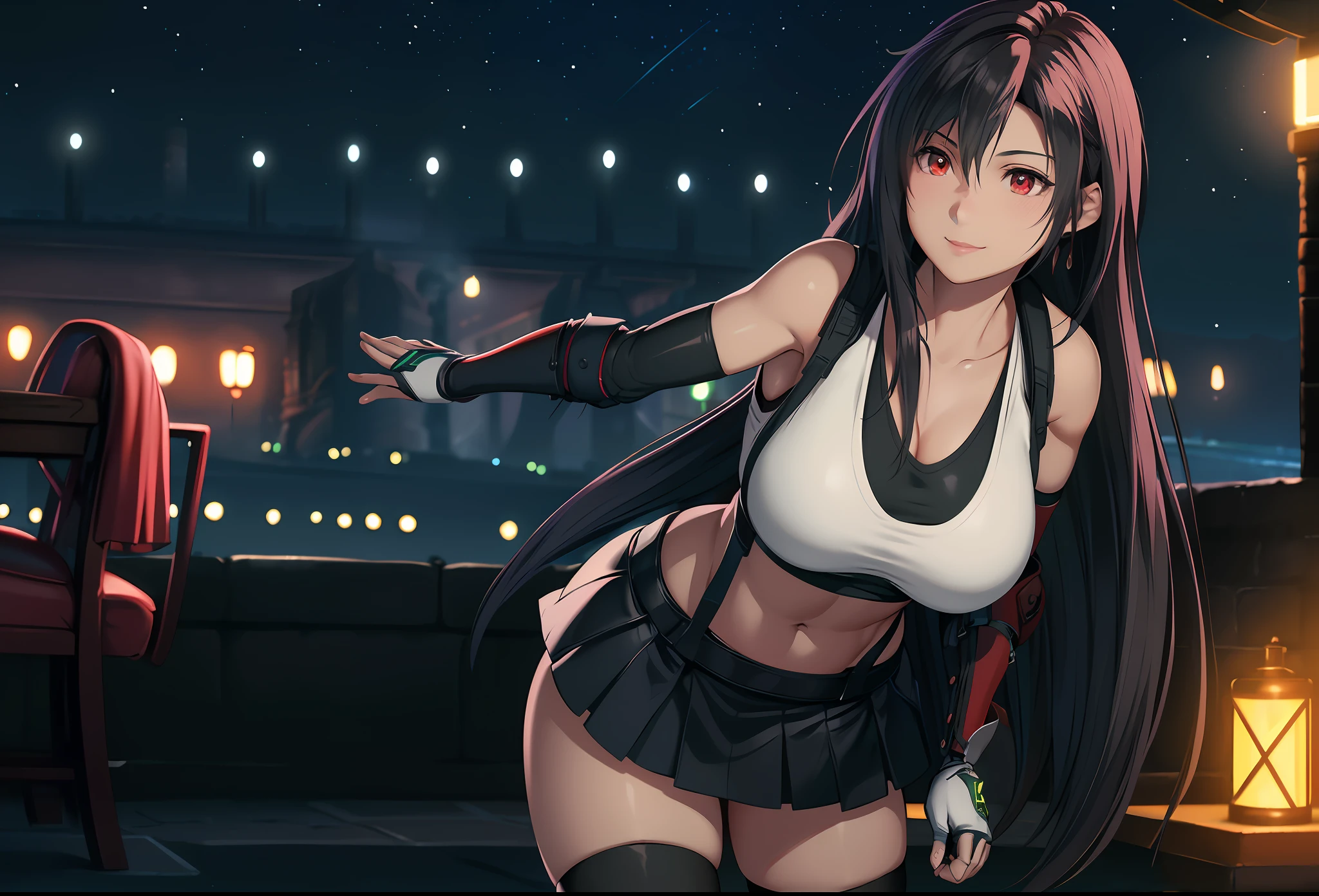 pureerosface_v1, ulzzang-6500, corneo_covering_breasts_one_arm, sexy pose, (8k, best quality, masterpiece:1.2), (realistic, photo-realistic:1.37), ultra-detailed,
1 girl,cute, solo, (tifa lockhart), (big breasts),(beautiful detailed eyes), (smile:1.2), (closed mouth), arms behind back,
neon lights, cityscape, depth of field, dark intense shadows, sharp focus, cars, motion blur, motor bikes, depth of field, good composition, green glowing light,
Final Fantasy VII, dating,(nose blush), single elbow pad, black hair, red shoes, muscular,abs,taut shirt,no bra,black skirt, thighhighs, full body, head rest, lips, pretty face, low-tied long hair, ((red_eyes)), yellow flowers, (night:1.3), intricate, bokeh, cinematic lighting, photon mapping, radiosity, physically-based rendering, (Tetsuya Nomura style)