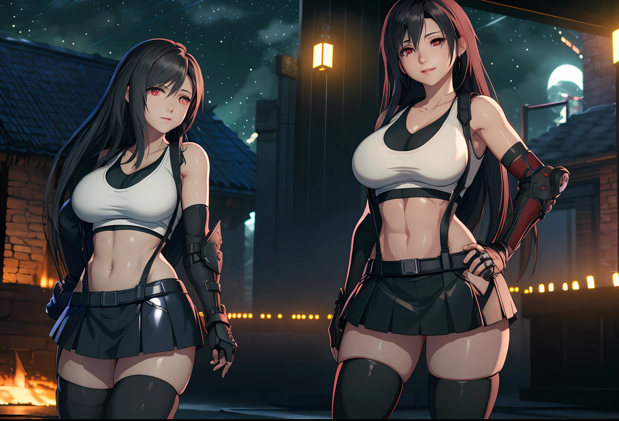 pureerosface_v1, ulzzang-6500, corneo_covering_breasts_one_arm, sexy pose, (8k, best quality, masterpiece:1.2), (realistic, photo-realistic:1.37), ultra-detailed,
1 girl,cute, solo, (tifa lockhart), (big breasts),(beautiful detailed eyes), (smile:1.2), (closed mouth), arms behind back,
neon lights, cityscape, depth of field, dark intense shadows, sharp focus, cars, motion blur, motor bikes, depth of field, good composition, green glowing light,
Final Fantasy VII, dating,(nose blush), single elbow pad, black hair, red shoes, muscular,abs,taut shirt,no bra,black skirt, thighhighs, full body, head rest, lips, pretty face, low-tied long hair, ((red_eyes)), yellow flowers, (night:1.3), intricate, bokeh, cinematic lighting, photon mapping, radiosity, physically-based rendering, (Tetsuya Nomura style)