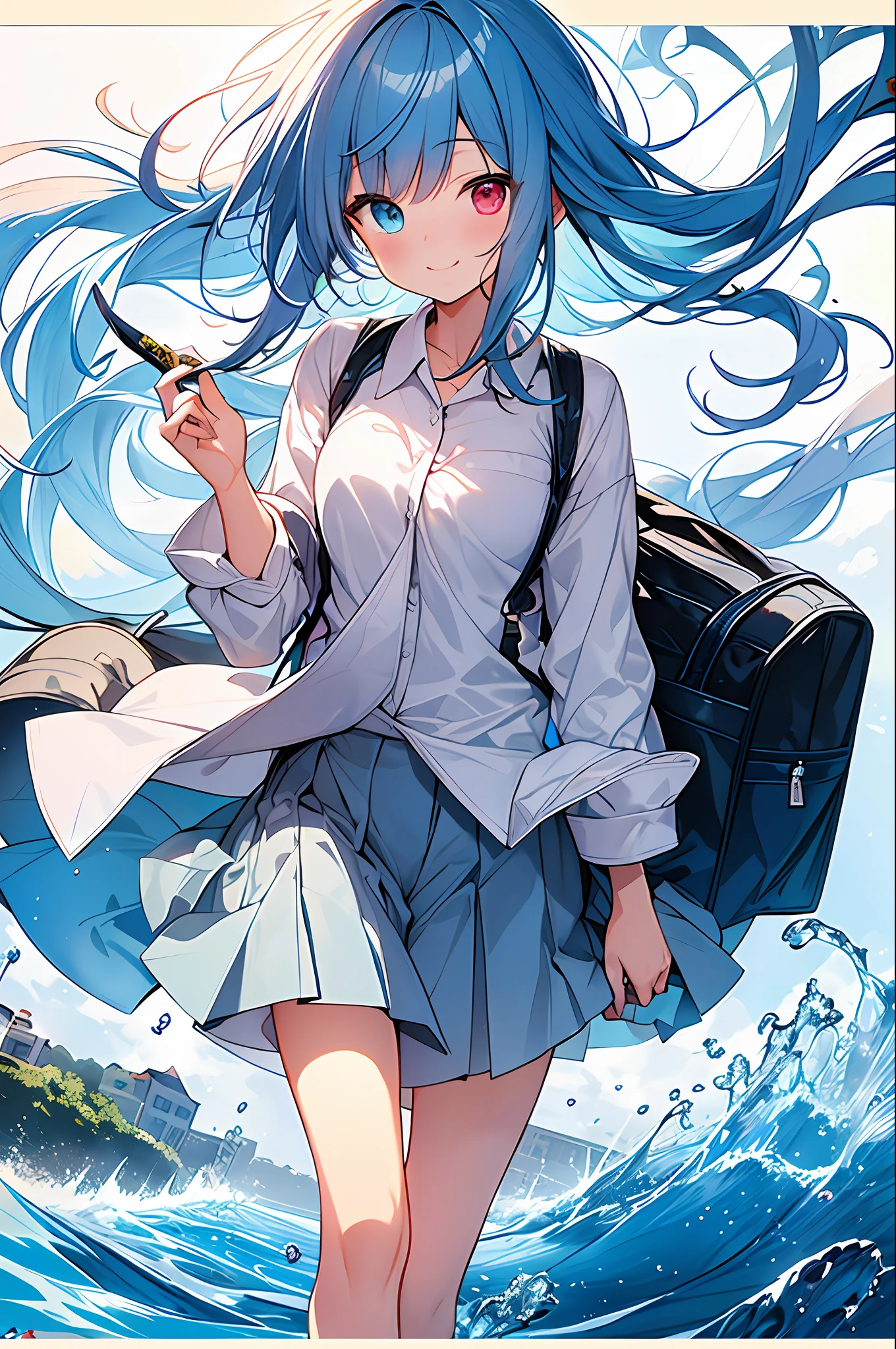 (Masterpiece, Best Quality, Best Quality, Watercolor (Medium), Official Art, Beautiful and Aesthetic: 1.2), (1 Girl: 1.3), (Fractal Art: 1.3), Full Body, Star-shaped Pupil, Viewer's Look, Pattern, (Blue Hair, Light Blue Hair, Half Blue and Half Light Blue Hair: 1.2), Water, Liquid, Cloud, Colorful, Sun, Sunlight, Cheeks Red, Smile, Glasses, Heterochromia, (Colorful: 1.5), Wet, School Uniform, Student Bag