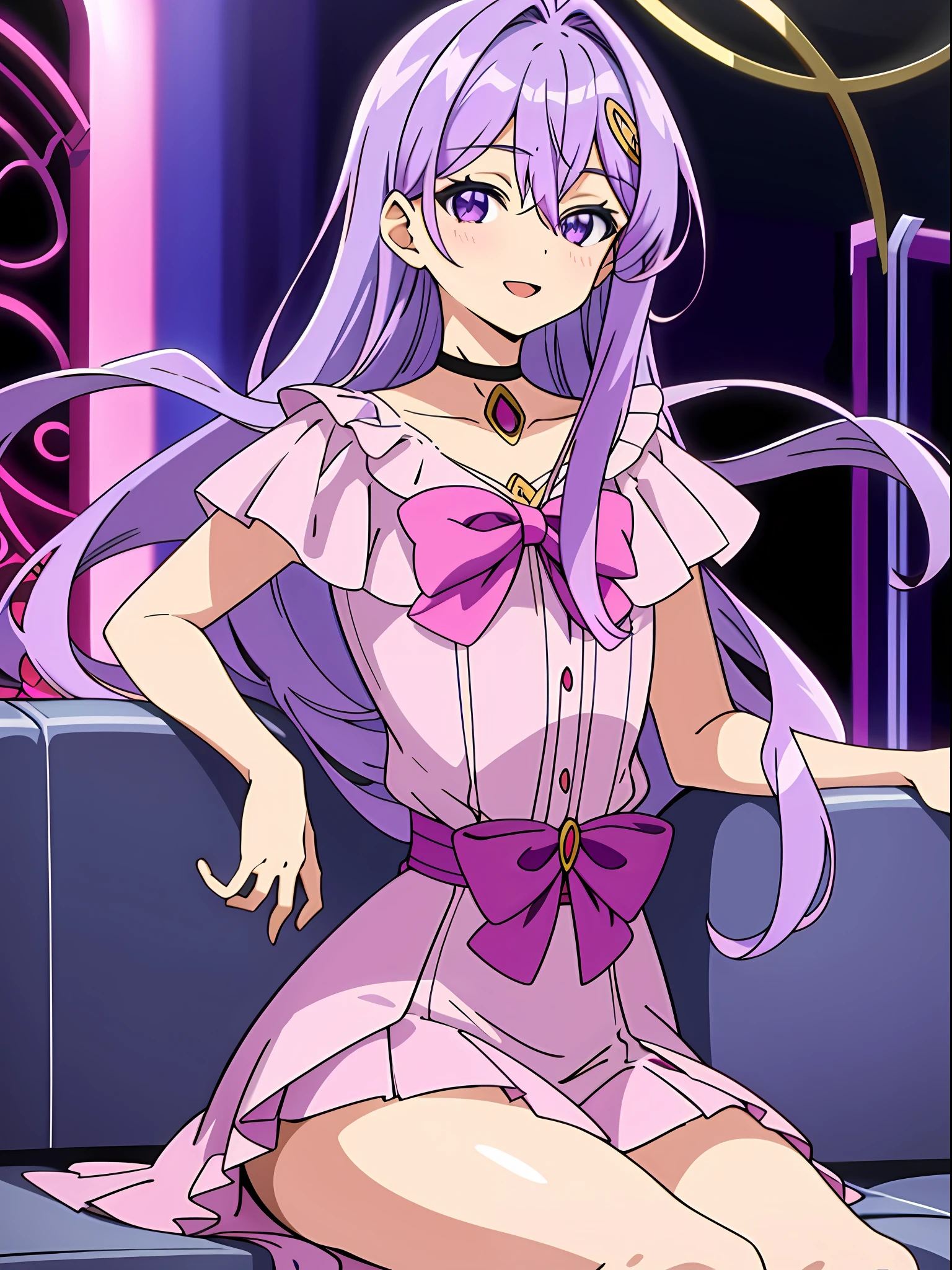 Masterpiece, Best Quality, Third Law, (Looking at the audience) Smooth lips, purple long hair anime girl wearing pink dress and bow, anime visual of cute girl, anime character, anime moe art style, magical girl style, Kajikata Wataru, dress loli, magical girl portrait, official character art, 1 girl, solo, long hair, purple eyes, hair between eyes, purple hair, hair intake, hair accessory, bangs, :D, pink dress, inside, royal banquet, curtsy, sitting, professional light, light