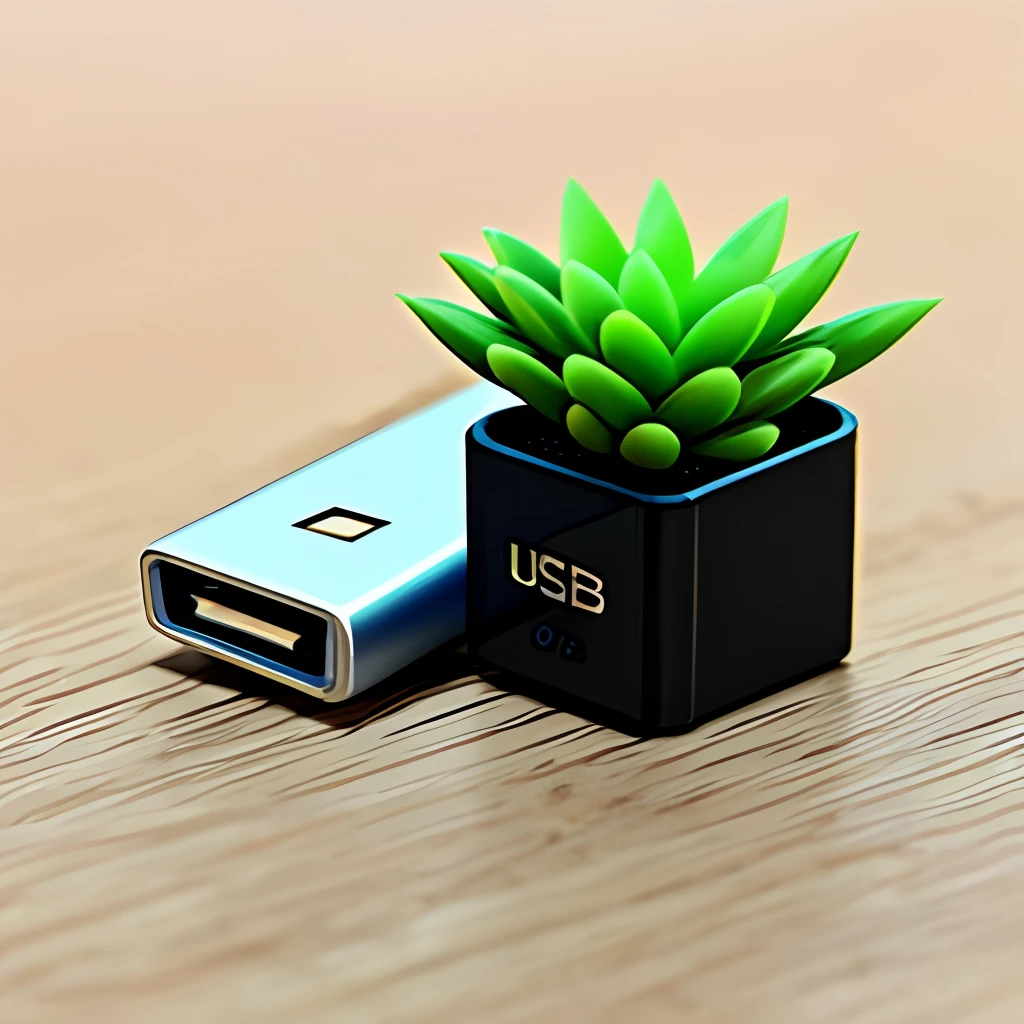 A USB flash drive is placed on the table A little close-up, give a close-up, with a little plant decoration around, the overall bright style