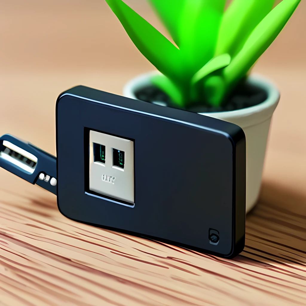 A USB flash drive is placed on the table A little close-up, give a close-up, with a little plant decoration around, the overall bright style