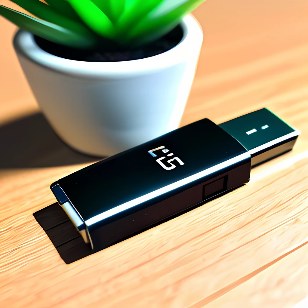 A USB flash drive is placed on the table A little close-up, give a close-up, with a little plant decoration around, the overall bright style