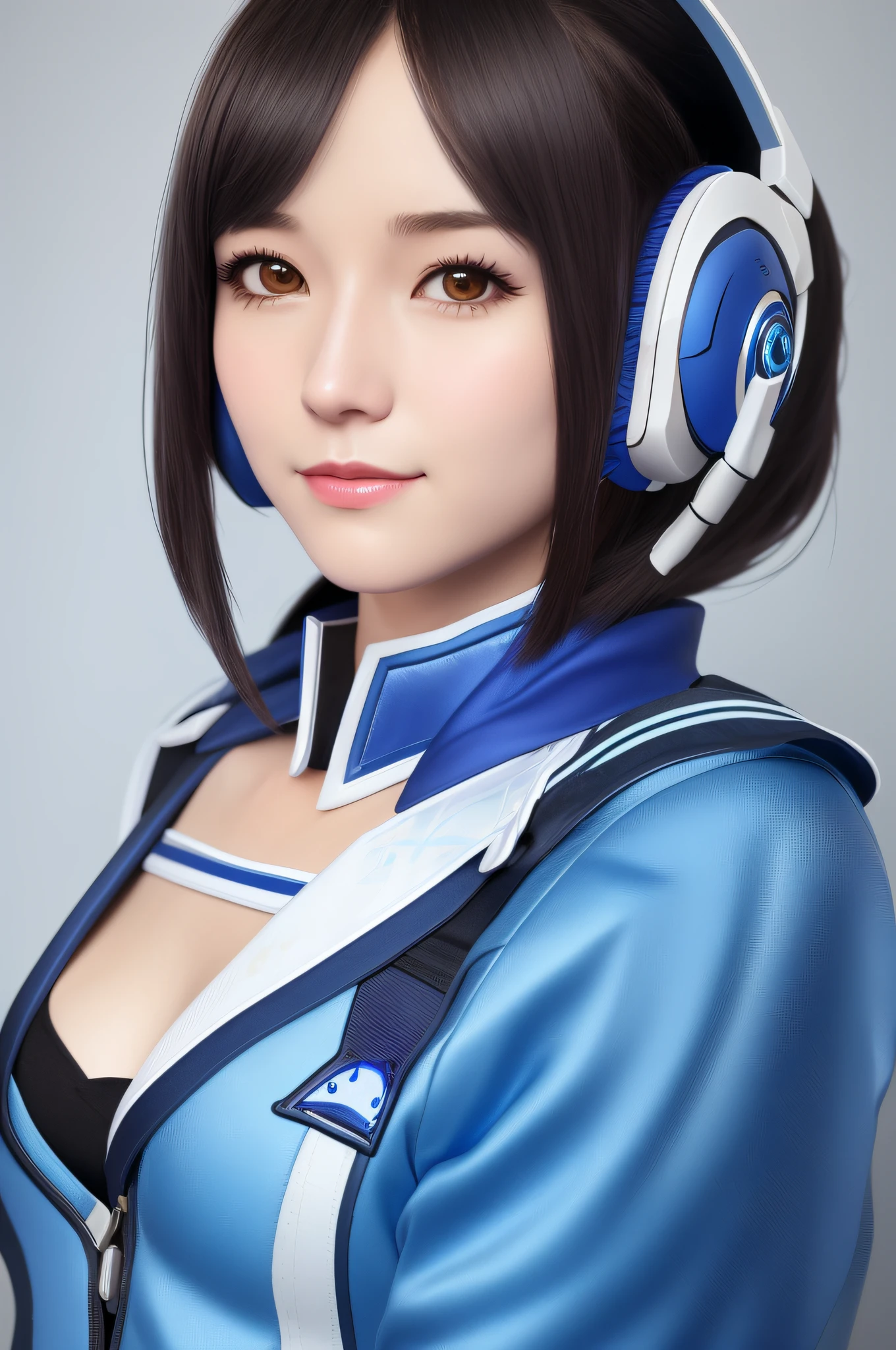 arafed woman in a blue and white uniform with headphones, d. va from overwatch, echo from overwatch, as overwatch character, overwatch inspired, from overwatch, as an overwatch character, overwatch style, overwatch fanart, inspired by Leng Mei, portrait anime space cadet girl, overwatch character, portrait of mei from overwatch, photorealistic anime girl render