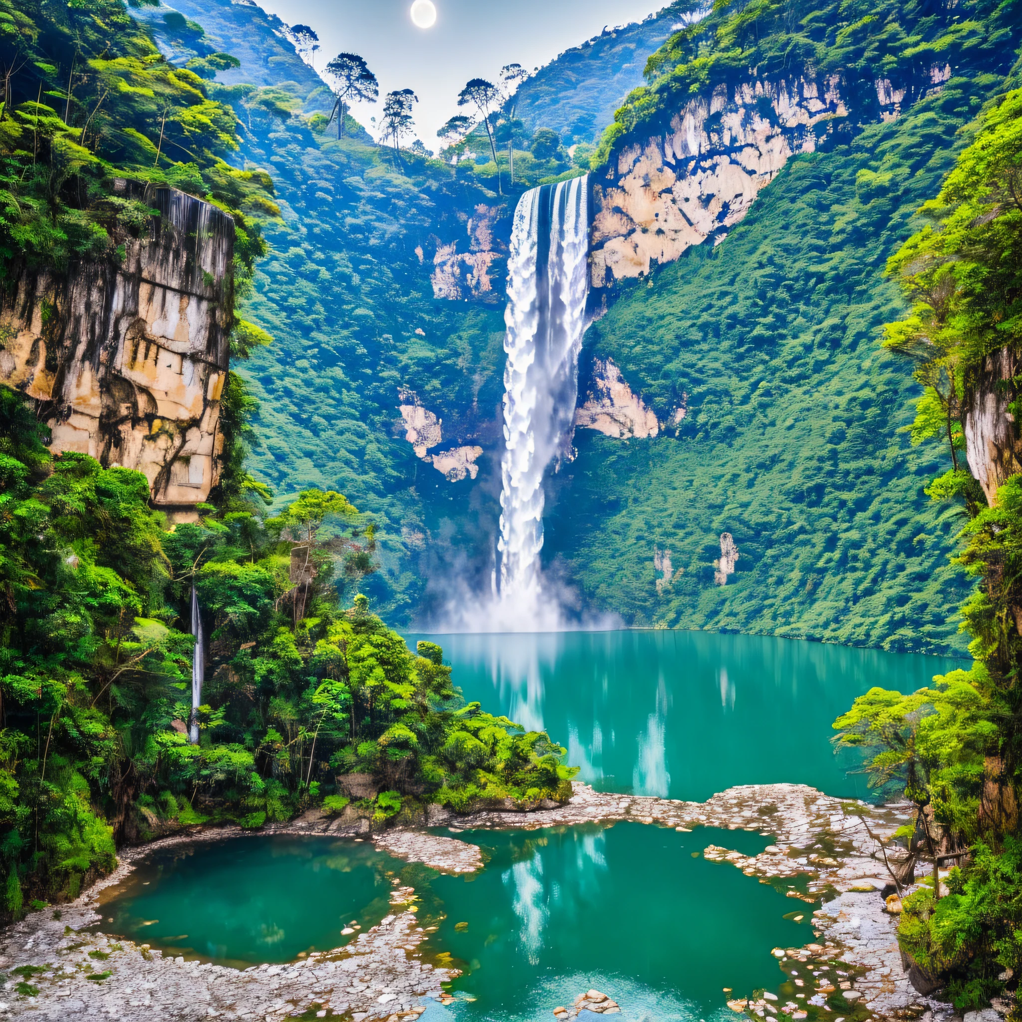 There is a surreal passage of a lake with crystal clear waters with a giant waterfall a full moon on top reflecting his, Luiz on the waters with a rocky shore