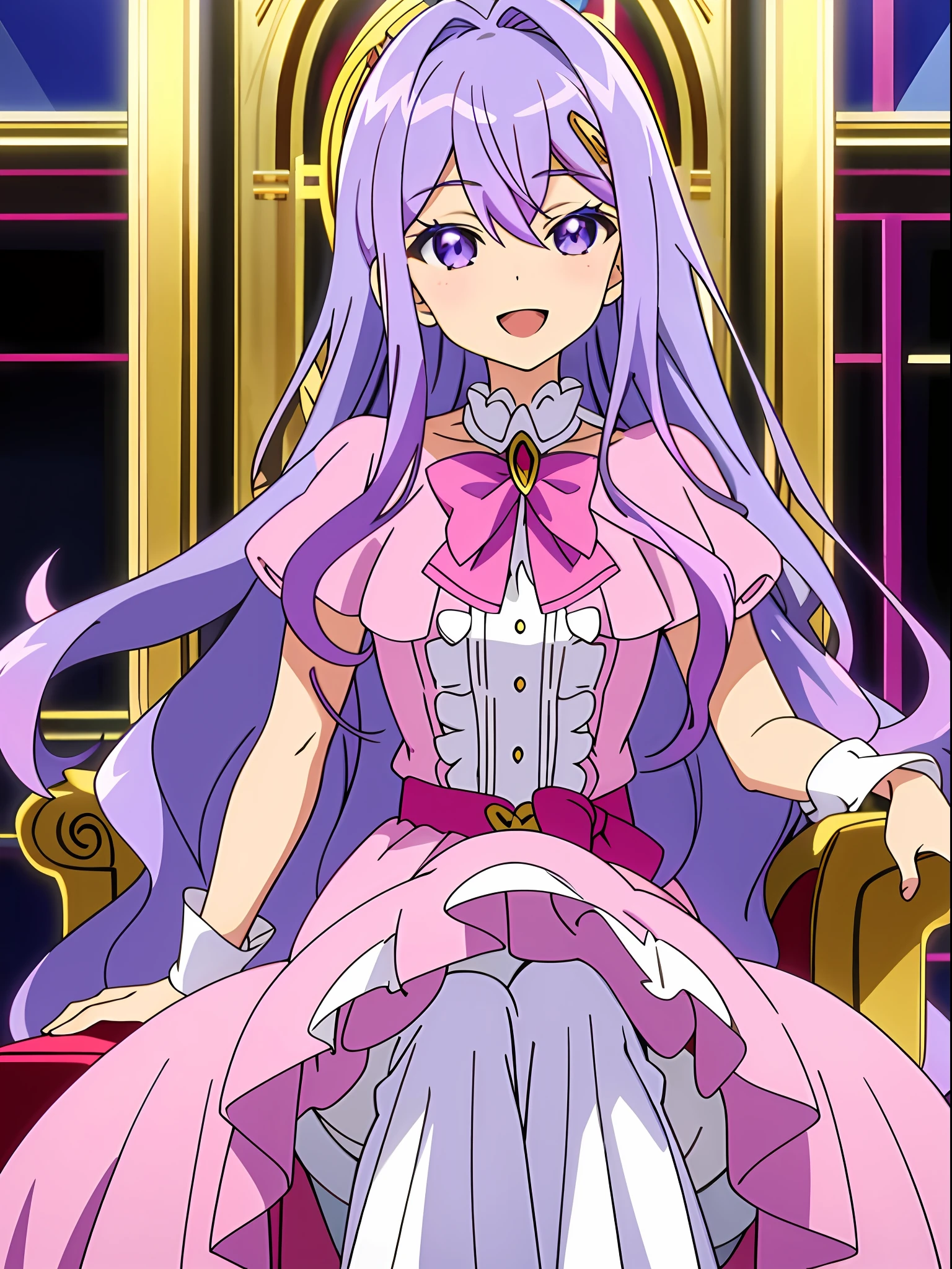 Masterpiece, Best Quality, Third Law, (Looking at the audience) Smooth lips, purple long hair anime girl wearing pink dress and bow, anime visual of cute girl, anime character, anime moe art style, magical girl style, Kajikata Wataru, dress loli, magical girl portrait, official character art, 1 girl, solo, long hair, purple eyes, hair between eyes, purple hair, hair intake, hair accessory, bangs, :D, pink dress, inside, royal banquet, curtsy, sitting, professional light, light