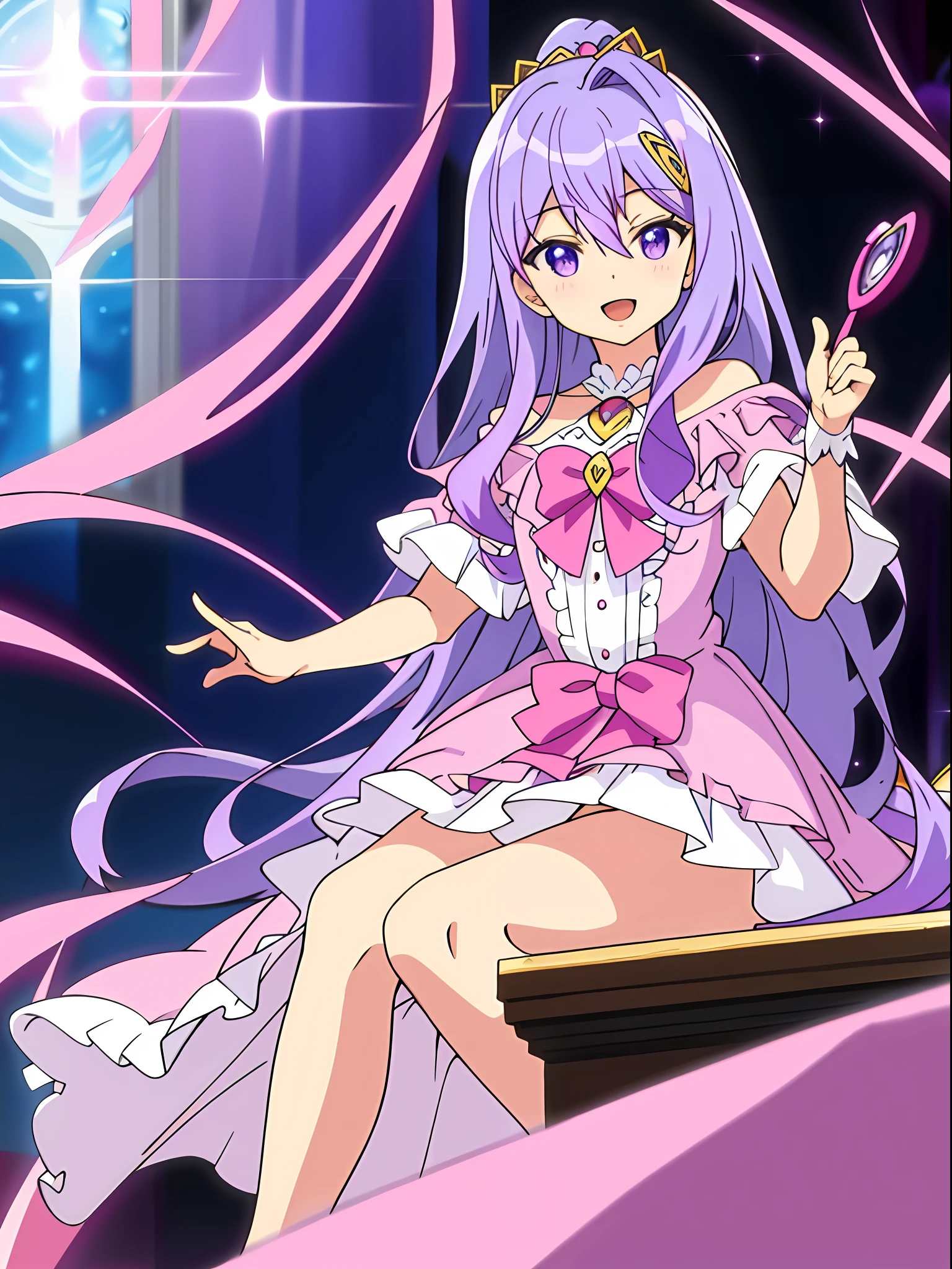 Masterpiece, Best Quality, Third Law, (Looking at the audience) Smooth lips, purple long hair anime girl wearing pink dress and bow, anime visual of cute girl, anime character, anime moe art style, magical girl style, Kajikata Wataru, dress loli, magical girl portrait, official character art, 1 girl, solo, long hair, purple eyes, hair between eyes, purple hair, hair intake, hair accessory, bangs, :D, pink dress, inside, royal banquet, curtsy, sitting, professional light, light