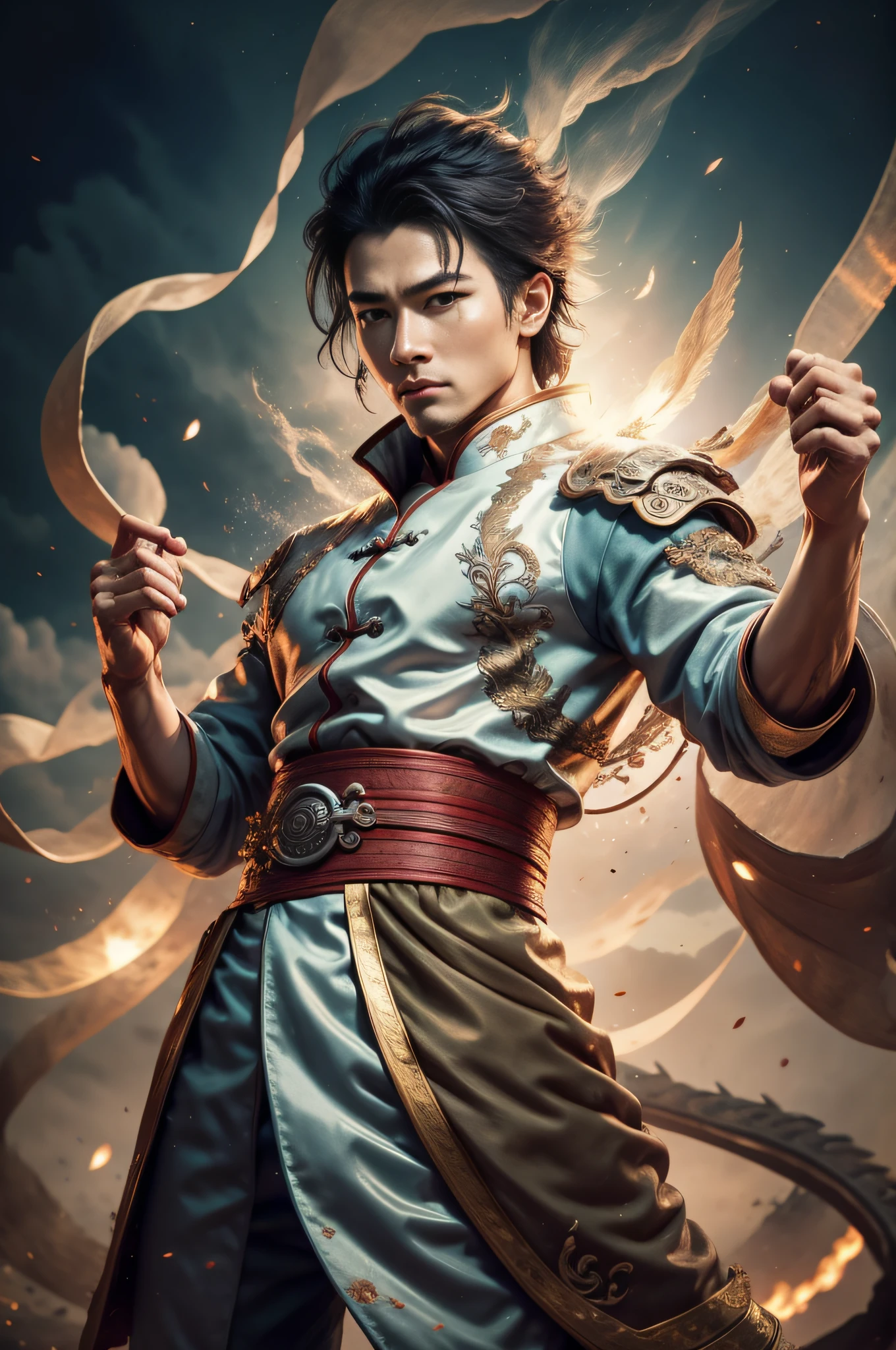 Handsome, 25 years old, Asian, master work, best picture quality, higher quality, high detail, super high resolution, (realistic: 1.4) 8k resolution, delicate facial features, boy, big muscles, tattoo, glowing eyes, short hair, white black hair, hair details, (full body: 0.6), detailed background , [[Look away, look to the side, emphasize homosexuality and pay attention to every detail , open Hanfu transparent tulle jacket, white rubber pants, circling dragon, Chinese garden background (crotch bulge), , Fa gong, earth walking, Chinese kung fu, fingerless gloves, wristbands, dragon themed costumes, monk robes, spinning floating particles, dynamic composition, desert background, flying sand, earth escape, very much dirt, flying sand around the body