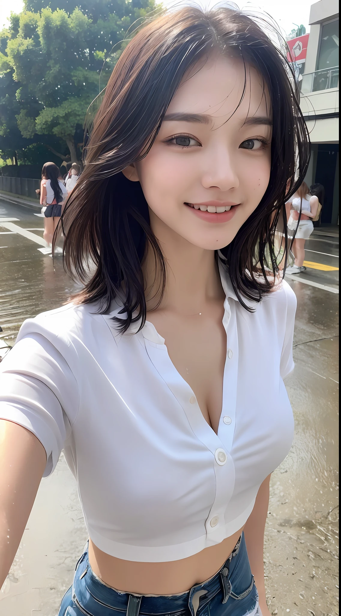 (Best Quality, 8k, Masterpiece: 1.3)), Sharp Focus: 1.2, Perfect Body Smiling Gravure Idol: 1.4, Slim Abdomen: 1.2, ((Layered Haircut, Large: 1.2)), (No Bra) (Small and Beautiful Hard (Thin moist buttons up to shirt length: 1.1), (White shirt wet from rain), (Rain, Street: 1.2), Wet Body: 1.1, Highly detailed face and skin texture, detailed eyes, double eyelids, white skin, sexy, no panties