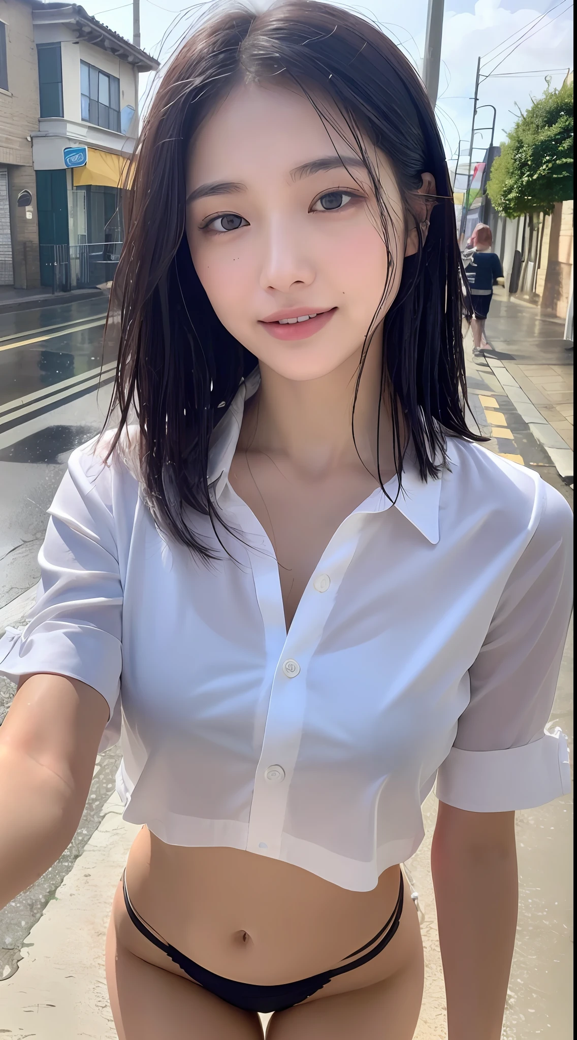 (Best Quality, 8k, Masterpiece: 1.3)), Sharp Focus: 1.2, Perfect Body Smiling Gravure Idol: 1.4, Slim Abdomen: 1.2, ((Layered Haircut, Large: 1.2)), (No Bra) (Small and Beautiful Hard (Thin moist buttons up to shirt length: 1.1), (White shirt wet from rain), (Rain, Street: 1.2), Wet Body: 1.1, Highly detailed face and skin texture, detailed eyes, double eyelids, white skin, sexy, no panties