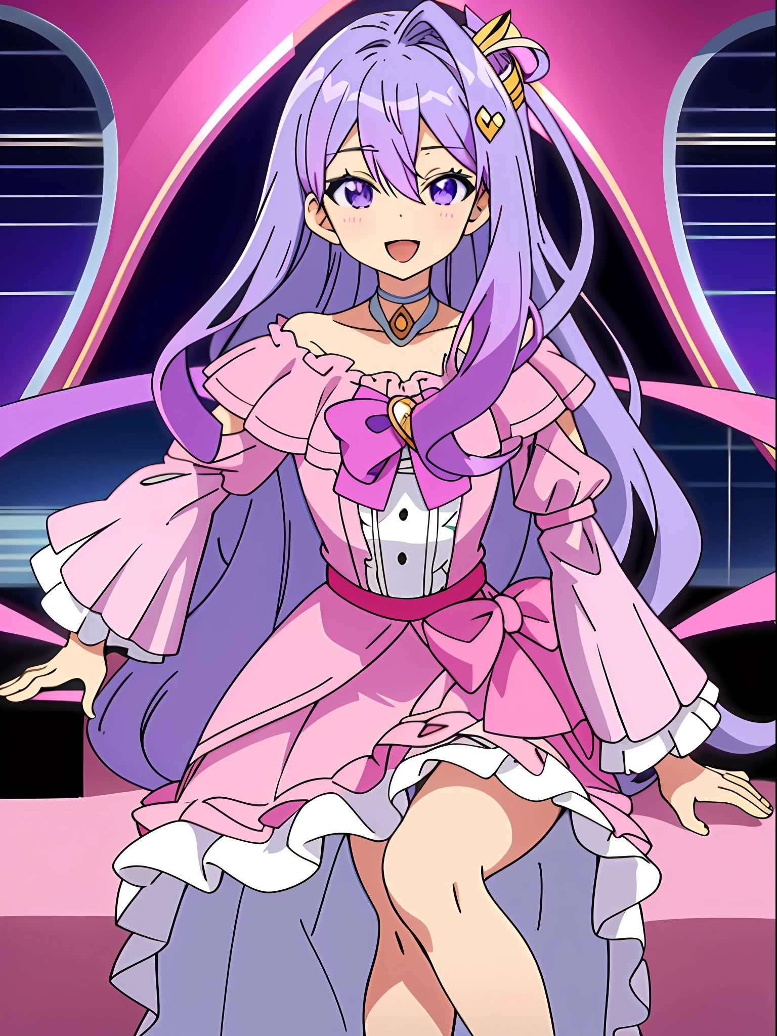 Masterpiece, Best Quality, Third Law, (Looking at the audience) Smooth lips, purple long hair anime girl wearing pink dress and bow, anime visual of cute girl, anime character, anime moe art style, magical girl style, Kajikata Wataru, dress , magical girl portrait, official character art, 1 girl, solo, long hair, purple eyes, hair between eyes, purple hair, hair intake, hair accessory, bangs, :D, pink dress, inside, royal banquet, curtsy, sitting, professional light, light