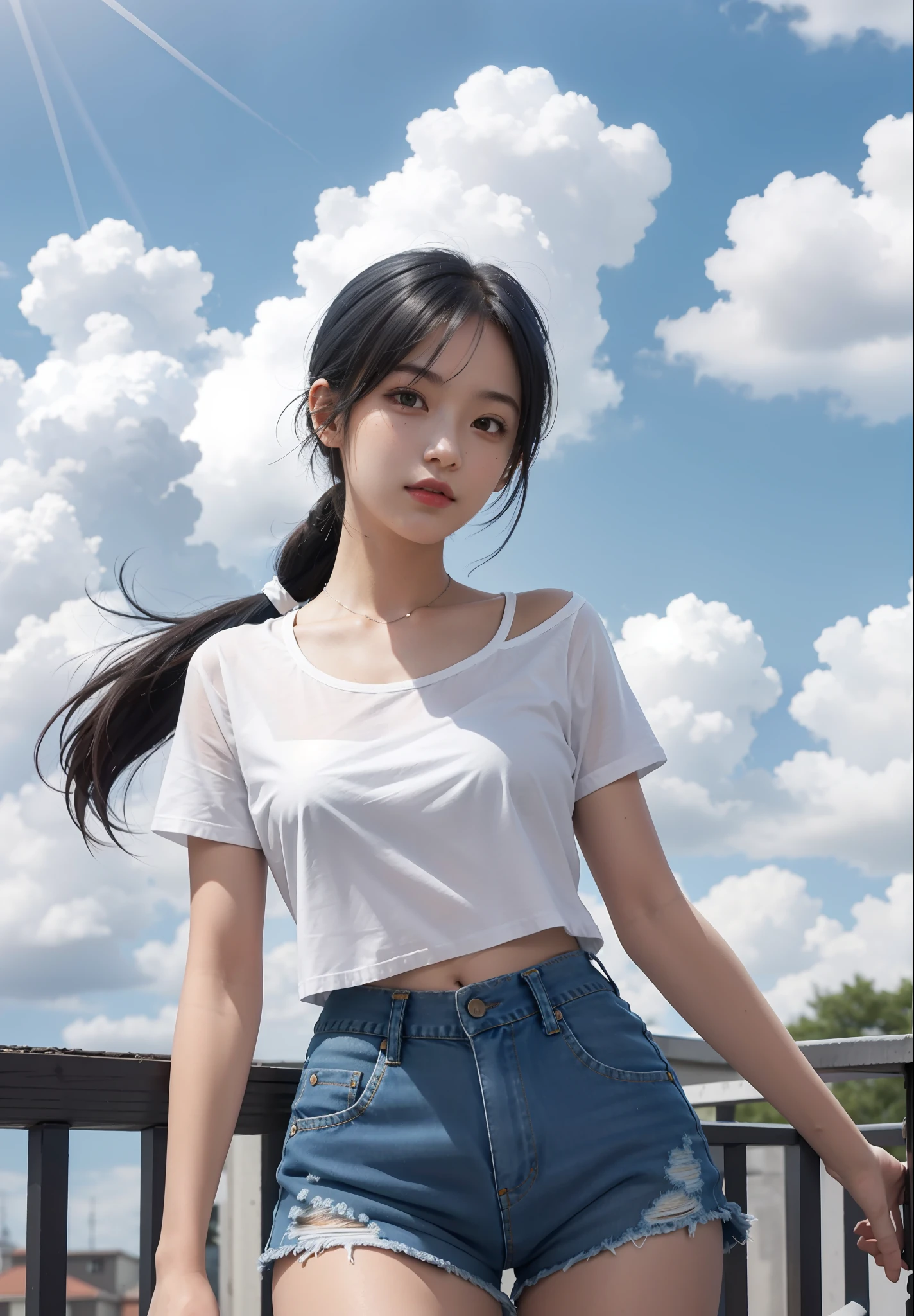 Best Quality, Masterpiece, Ultra High Resolution, (Realisticity: 1.4), Original Photo, 16 Years Old Girl, Tifa, Film Lighting, Outdoor, Roof, Sunny, Blue Sky and White Clouds, Conservatively Dressed, Denim Shorts, Loose White Shirt with Pattern, Lower Abdomen, Fashion Girl, Pick and Dye Gradient Hair, Bangs, High Ponytail, Large Bust, Facial Focus,