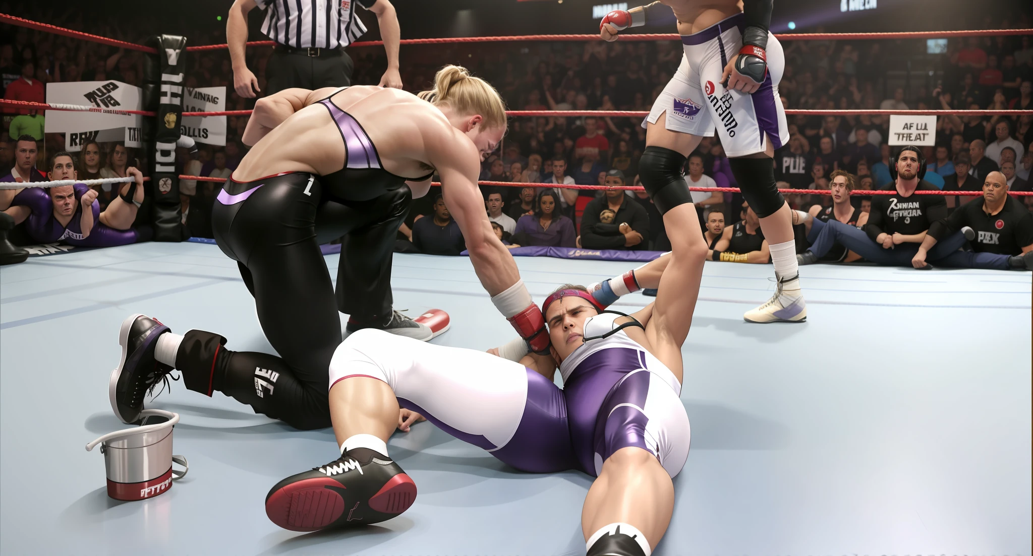 dramatic action pose, theatralic pose, professional wrestling, there is an injured fighter lyinh inside a wrestling ring, a woman in shiny clothes in bending over him, an injured fighter in matte shorts is writhing in pain inside a wrestling ring, a lady in purple and black latex clothes is bending down to him, accident, help, aid, first aid, pity