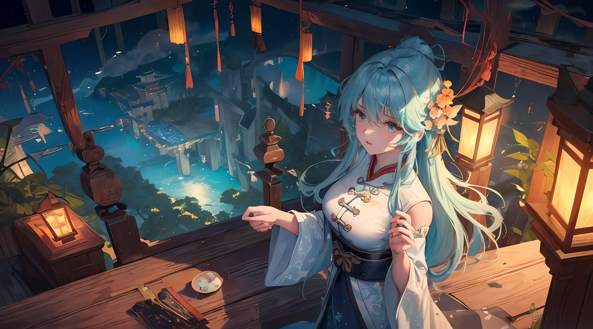( ( Top view, high angle view, Focal point composition) ) , Sunset Gradient, moonlit night, halo, beautiful light, beautiful play of shadow, light effects, Autumn, Ancient Chinese architecture, ( ( very spectacular sea of clouds, volume fog: 1. 5) ) , many raditional Chinese architecture on a floating island, there are many scattered buildings on the high mountain, ( huge Taoist incense burner, Sending out exquisite and beautiful magical effects) , waterfall cascading from the island, a vast sea of clouds, spectacular waterfalls, group of buildings, lanterns and sky lanterns floating in the air, high mountains, starry skies, soft color, refreshing, beautiful, Chinese landscape painting, cinematic lighting, fantasy, high detail, (close-up), (chiaroscuro),fine facial details,cinematic lighting, (depth of field), UHD, --v6