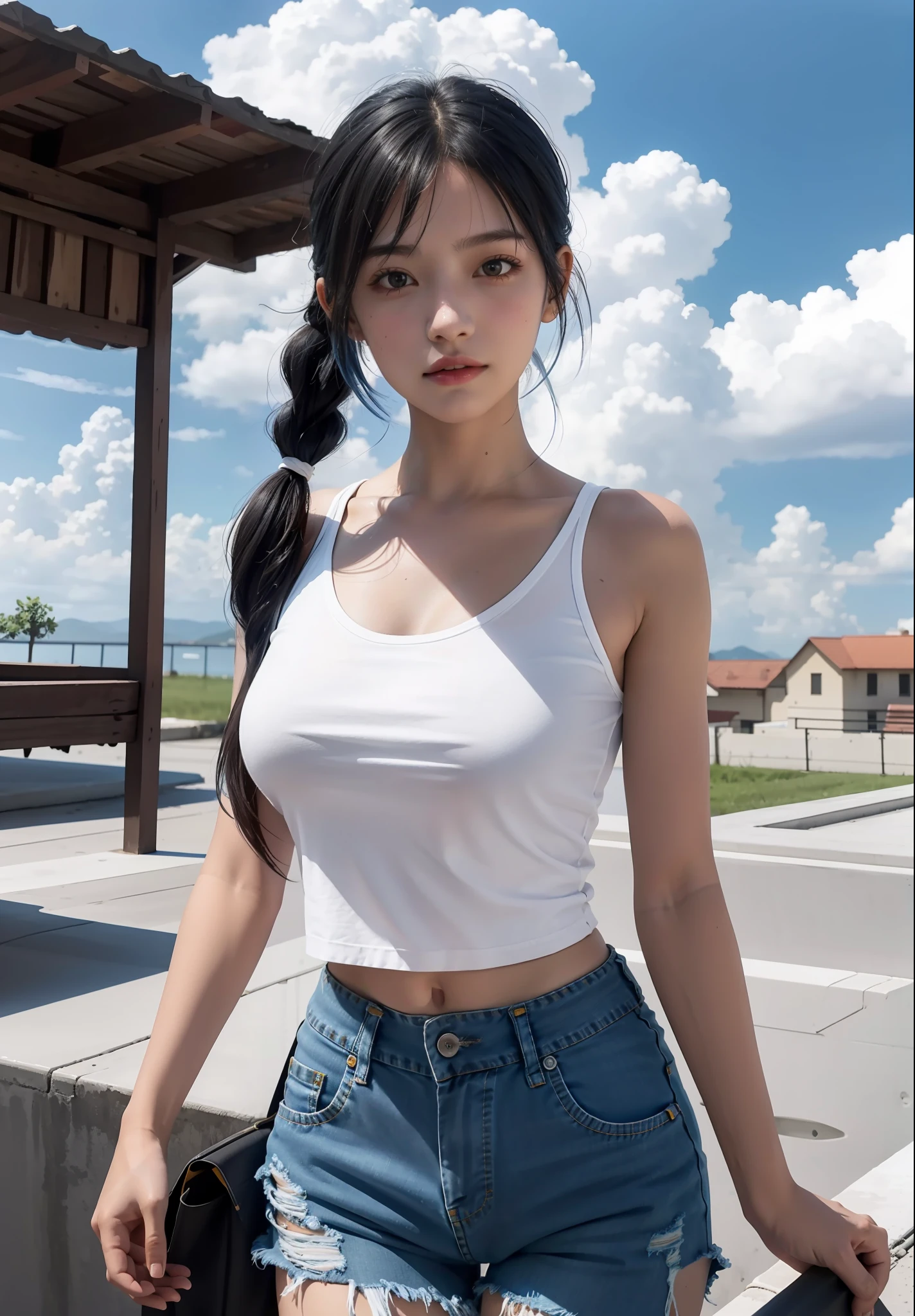 Best Quality, Masterpiece, Ultra High Resolution, (Realisticity: 1.4), Original Photo, 16 Years Old Girl, Tifa, Film Lighting, Outdoor, Roof, Sunny, Blue Sky and White Clouds, Conservatively Dressed, Denim Shorts, Loose White Shirt with Pattern, Lower Abdomen, Fashion Girl, Pick and Dye Gradient Hair, Bangs, High Ponytail, Large Bust, Facial Focus,