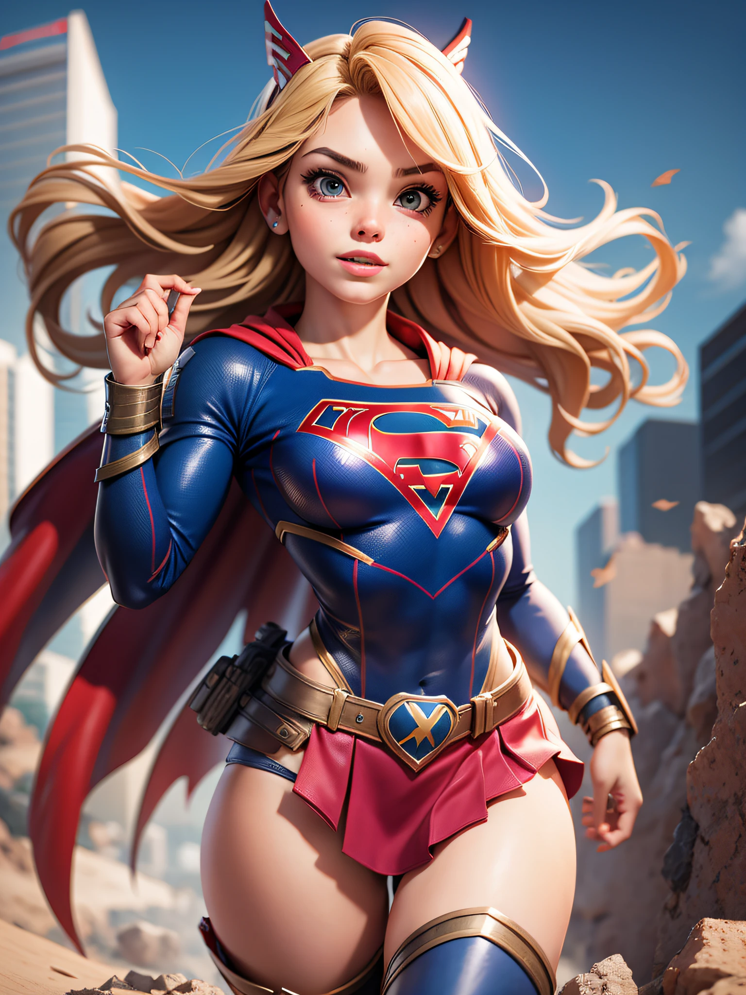 1girl, wearing torn supergirl costume, flying, firm body