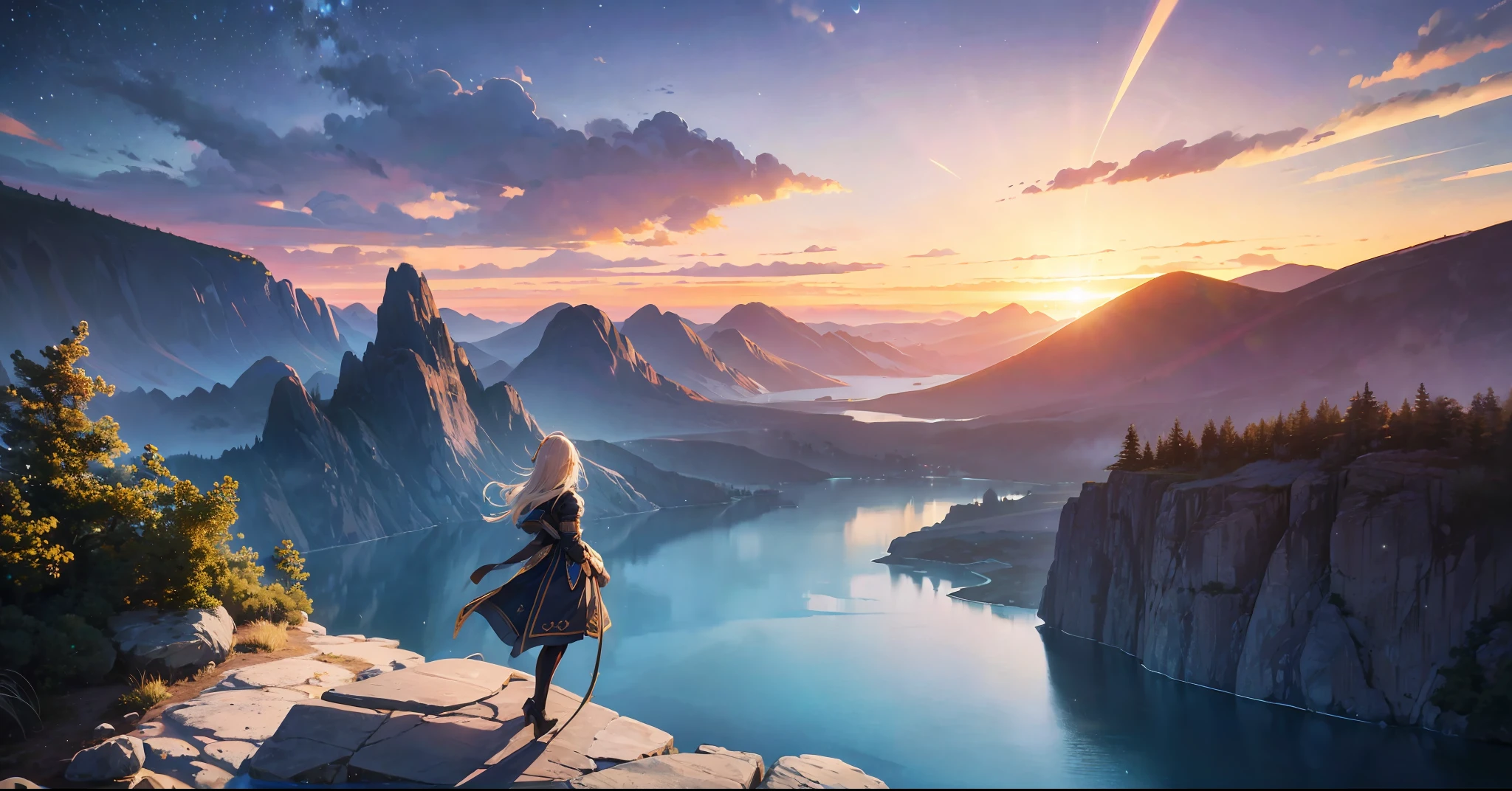 (magnificent), (dynamic landscape), best quality, ultra-detailed, 8k wallpaper, high resolution, (dramatic contrast), (tasteful color grading), awe-inspiring, breathtaking, panoramic view, immersion, (nature element:1.2), (sky element:1.3), (water element: 1.3), (mountain element: 1.2), (forest element: 1.2), (cloud element: 1.2),dynamic light,masterpiece, best quality, high quality, extremely detailed CG unity 8k wallpaper, scenery, outdoors, sky, cloud, day, no humans, mountain, landscape, water, tree, blue sky, waterfall, cliff, nature, lake, river, cloudy sky,award winning photography, Bokeh, Depth of Field, HDR, bloom, Chromatic Aberration ,Photorealistic,extremely detailed, trending on artstation, trending on CGsociety, Intricate, High Detail, dramatic, art by midjourney,(extremely detailed CG unity 8k wallpaper,masterpiece, best quality, ultra-detailed),(best illumination, best shadow, an extremely delicate and beautiful),,starry sky, stars in the background, shining halo