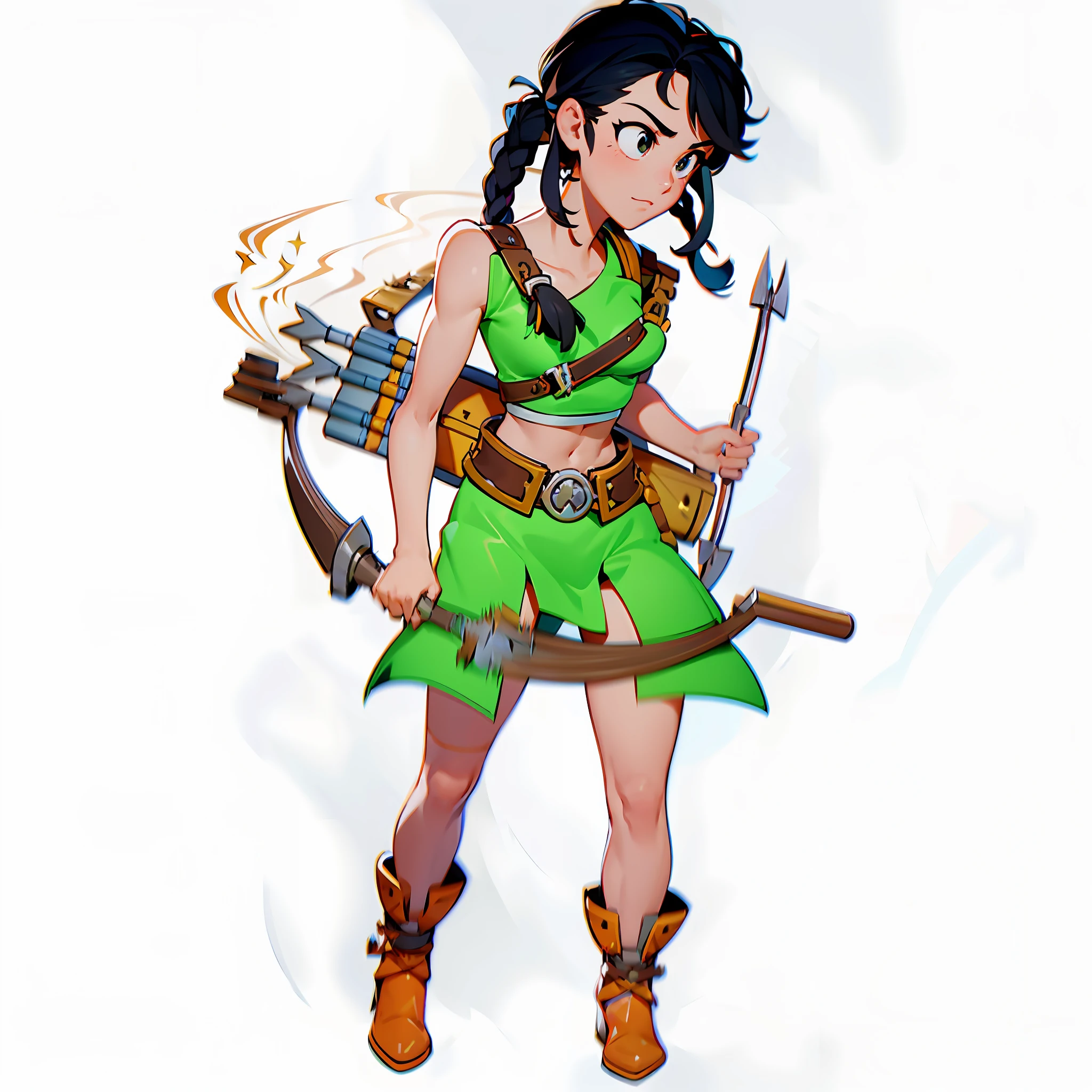 Marly is a skilled and fearless archer with a firm and confident stance. She is fast and precise with her bow and arrow, and does not hesitate to face any challenge that comes her way. Her short, black hair is neatly trimmed and her green clothing helps her camouflage herself in nature. She always carries with her a bag where she keeps her arrows and her bow, to be always ready for action. Marly is a determined and courageous warrior, ready to fight for the justice and freedom of her people. --auto --s2
