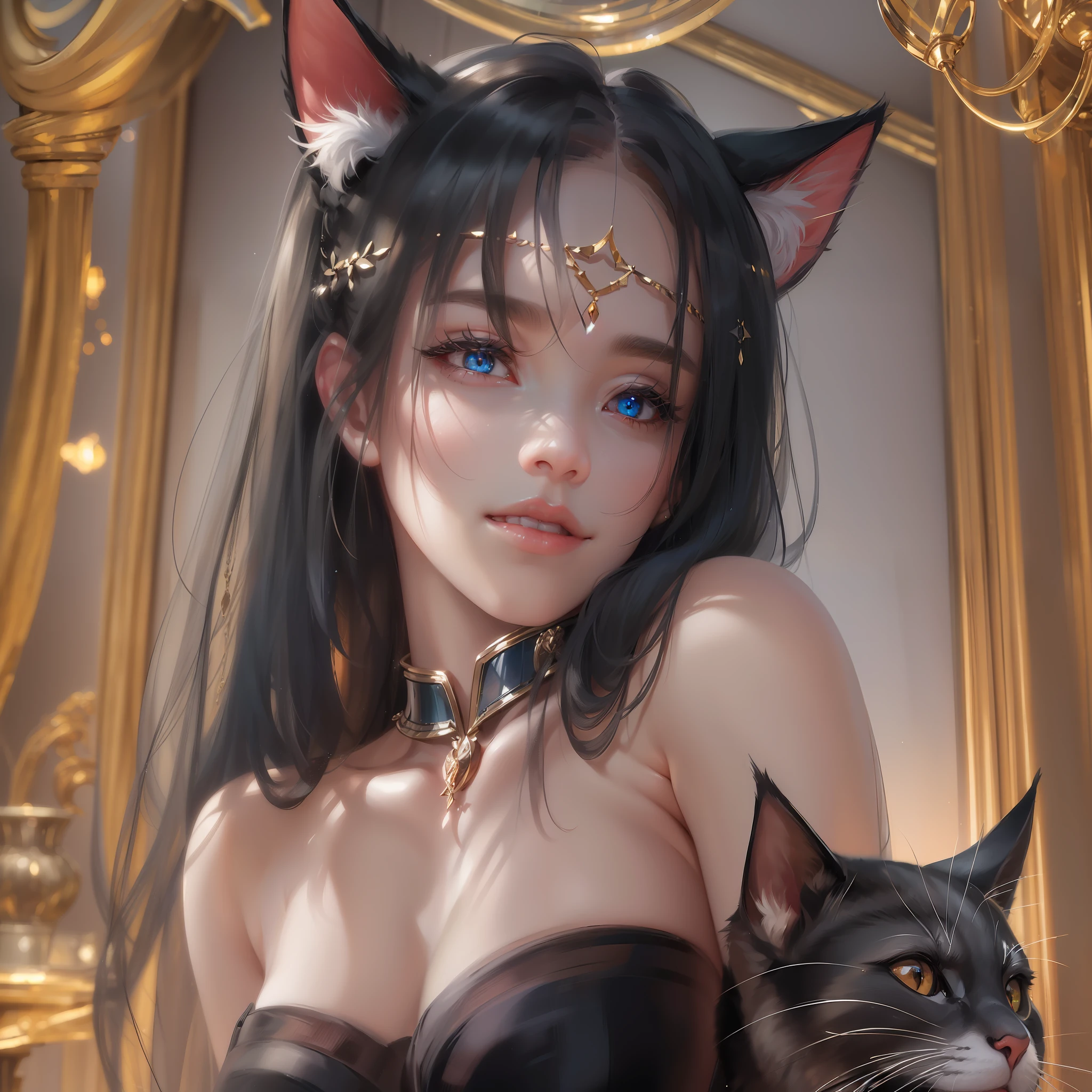 (Photorealistic:1.4), (Masterpiece, Sidelight, Exquisite Beautiful Eyes: 1.2), Masterpiece*Portrait, Realistic, 3D Face, Glowing Eyes, Smile,Glossy Hair, Glossy Skin, Solo, Embarrassing, (Abdomen),Cat Ears,Light,Glowing --auto --s2
