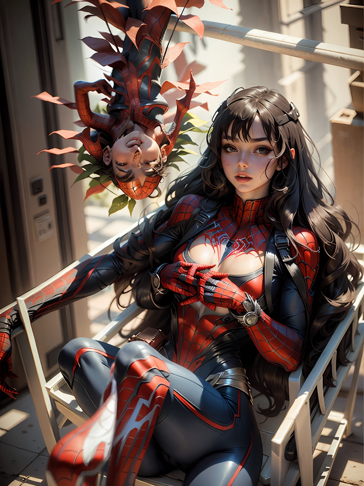 Beautiful woman detailed defined body using spider man cosplay, small breasts