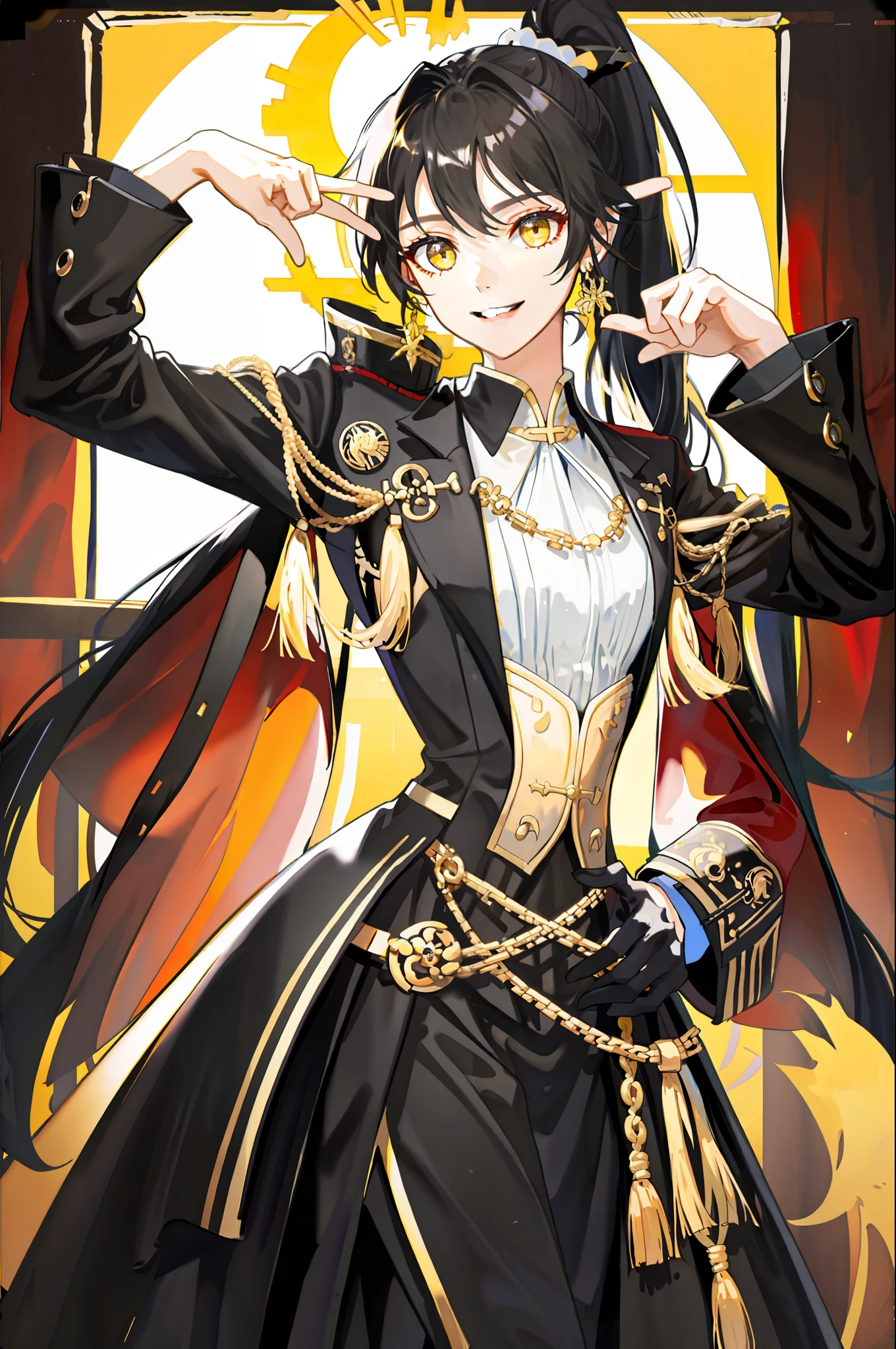 High ponytail Indistinguishable Handsome Girl Flat chest Golden eyes Black high ponytail Black suit Confident smile Sunset sun