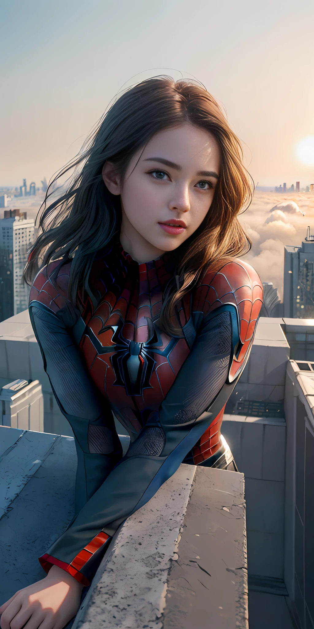 (1girl:1.3), Solo, (((Very detailed face)))), ((Very detailed eyes and face)))), Beautiful detail eyes, Body parts__, Official art, Unified 8k wallpaper, Super detailed, beautiful and beautiful, beautiful, masterpiece, best quality, original, masterpiece, super fine photo, best quality, super high resolution, realistic realism, sunlight, full body portrait, amazing beauty, dynamic pose, delicate face, vibrant eyes, (from the front), She wears Spider-Man suit, red and black color scheme, spider, very detailed city roof background, rooftop, overlooking the city, detailed face, detailed complex busy background, messy, gorgeous, milky white, highly detailed skin, realistic skin details, visible pores, clear focus, volumetric fog, 8k uhd, DSLR, high quality, film grain, fair skin, photo realism, lomography, futuristic dystopian megalopolis, translucent